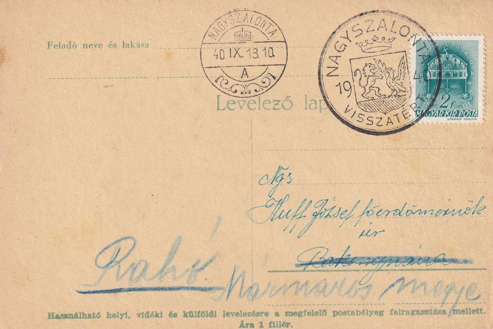 1940. NAGYSZALONTA Visszatért levelezőlap