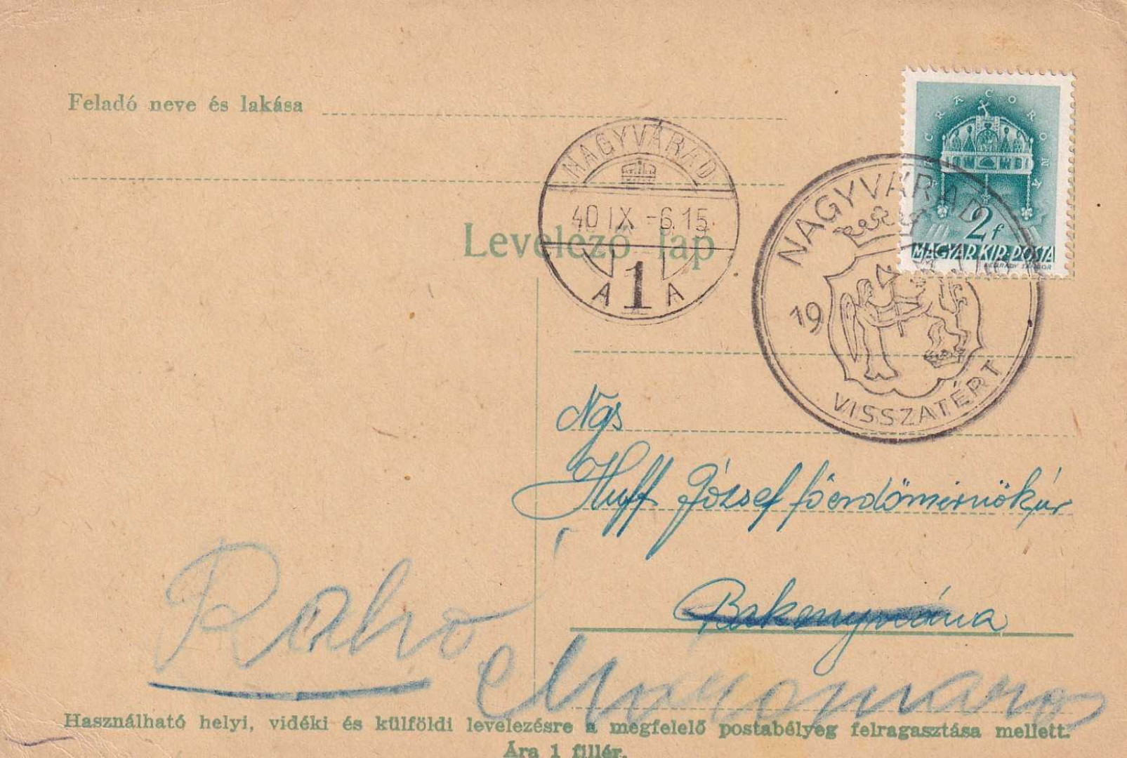 1940. NAGYVÁRAD Visszatért levelezőlap