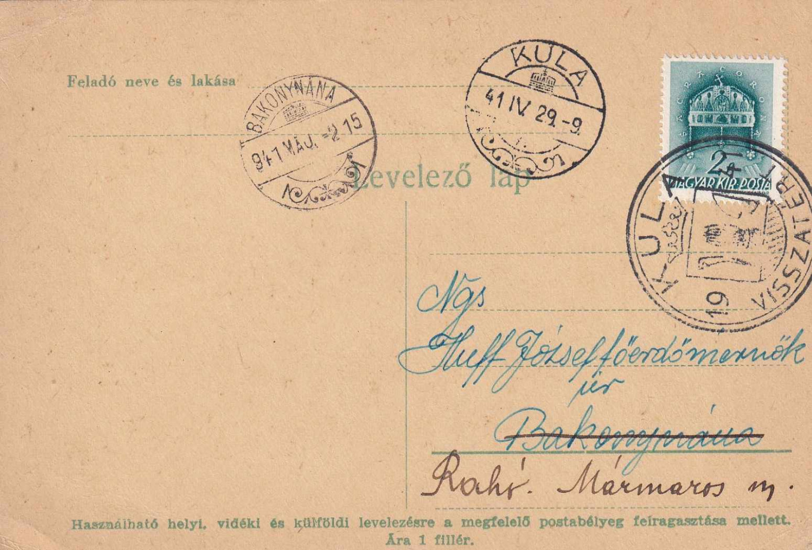 1941. KULA Visszatért levelezőlap