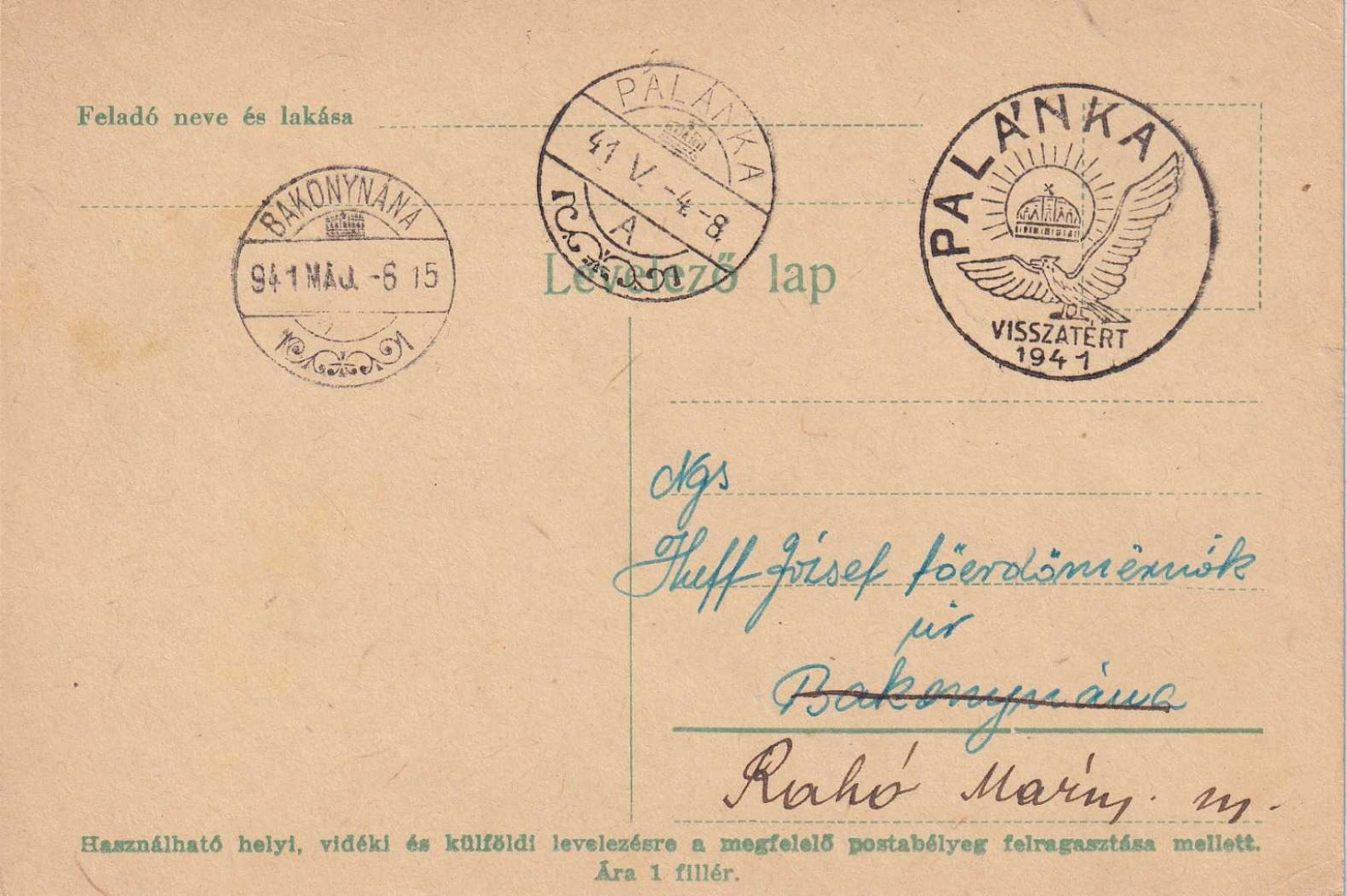 1941. PALÁNKA Visszatért levelezőlap