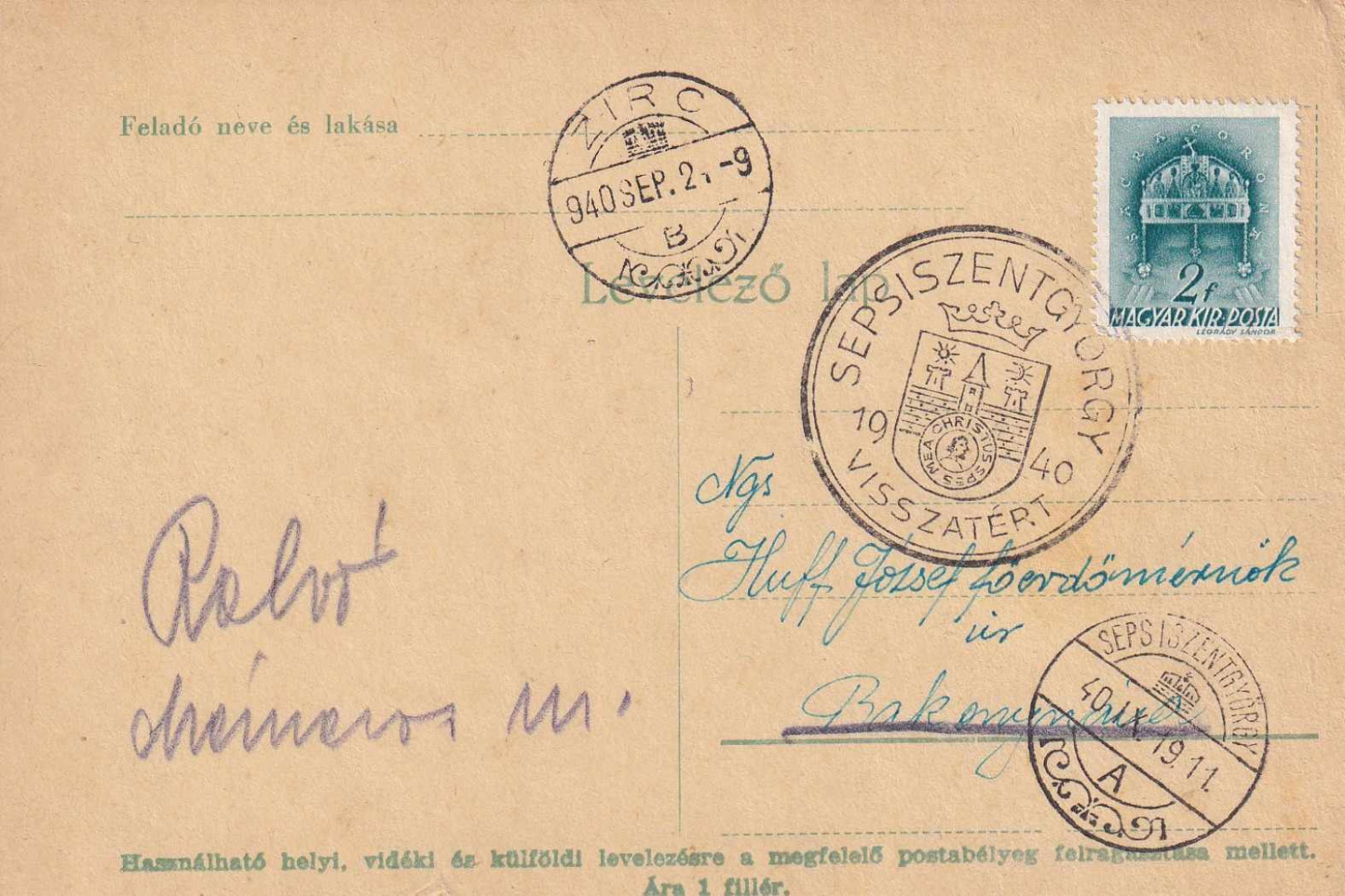 1941. SEPSISZENTGYÖRGY Visszatért levelezőlap kis sérülés