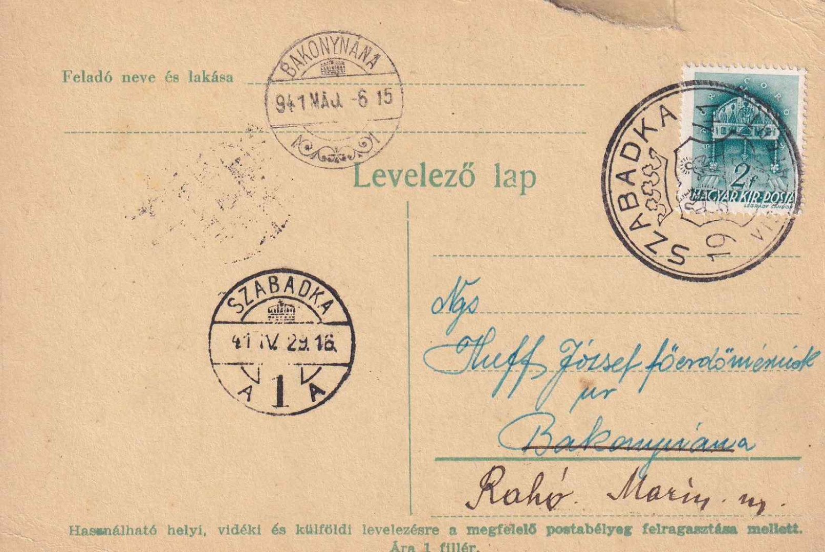 1941. SZABADKA Visszatért levelezőlap sérült