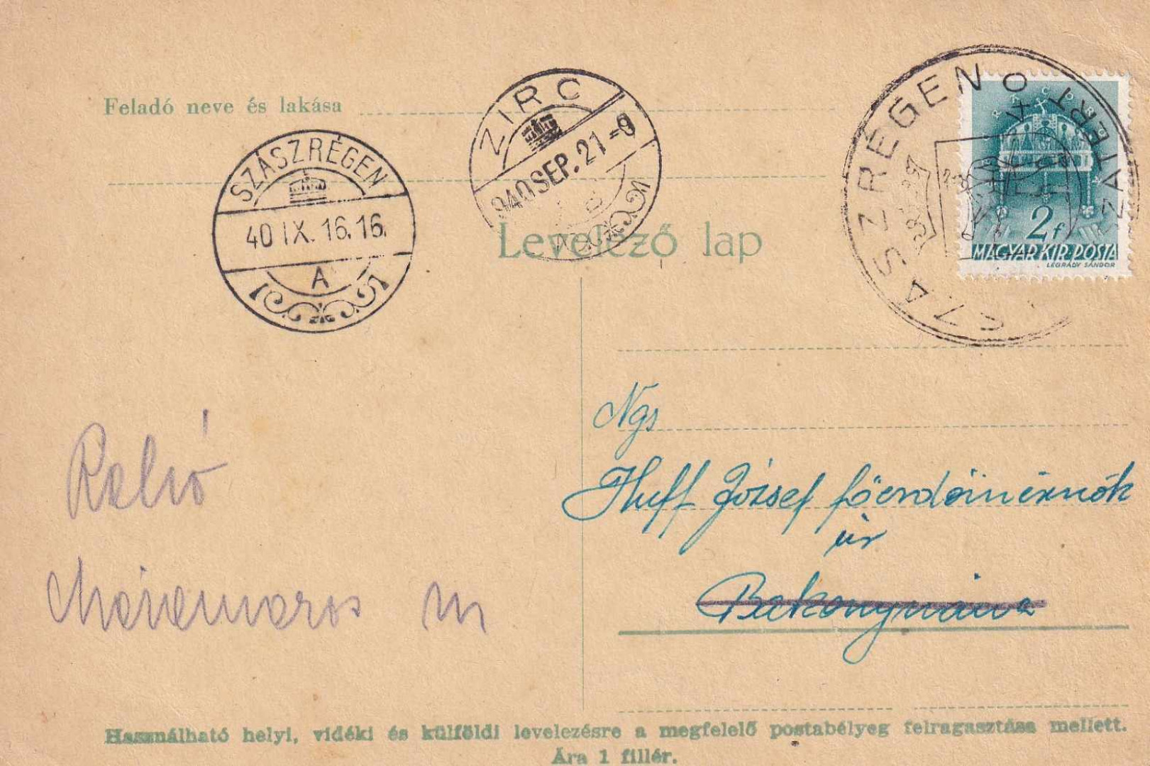 1940. SZÁSZRÉGEN Visszatért levelezőlap