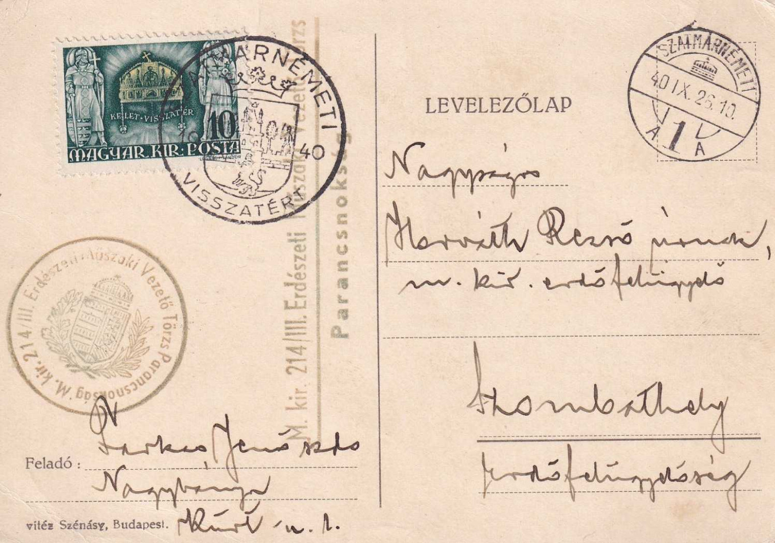 1940. SZATMÁRNÉMETI Visszatért levelezőlap