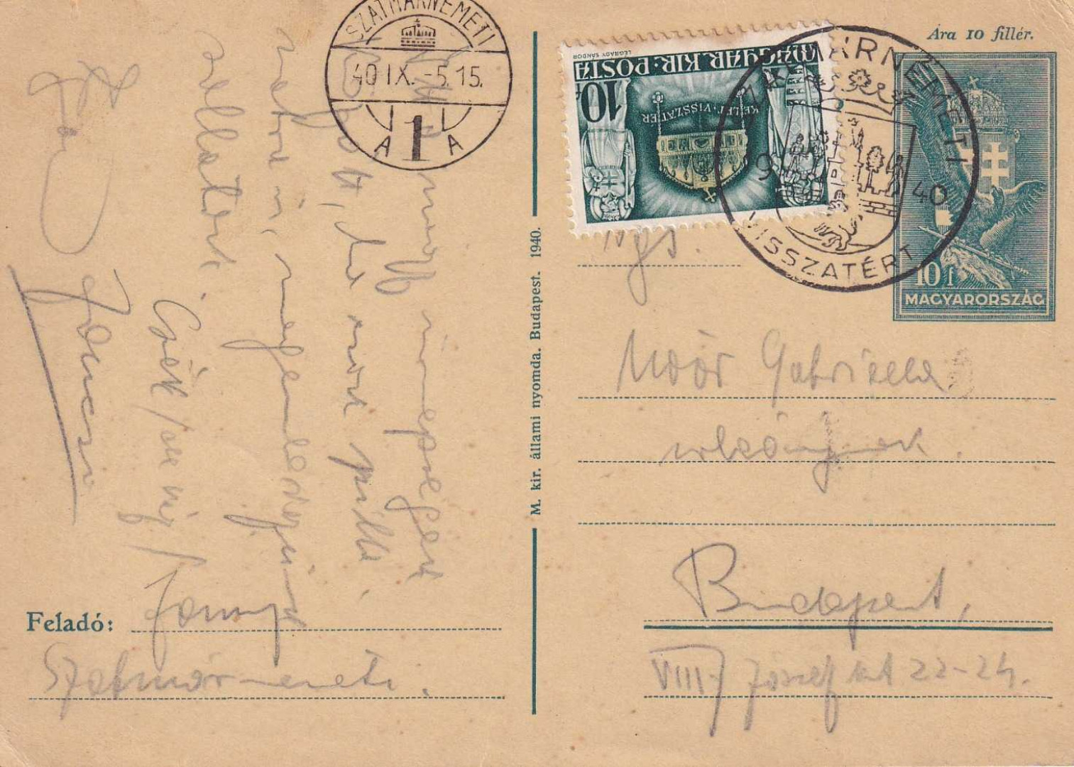 1940. SZATMÁRNÉMETI Visszatért levelezőlap