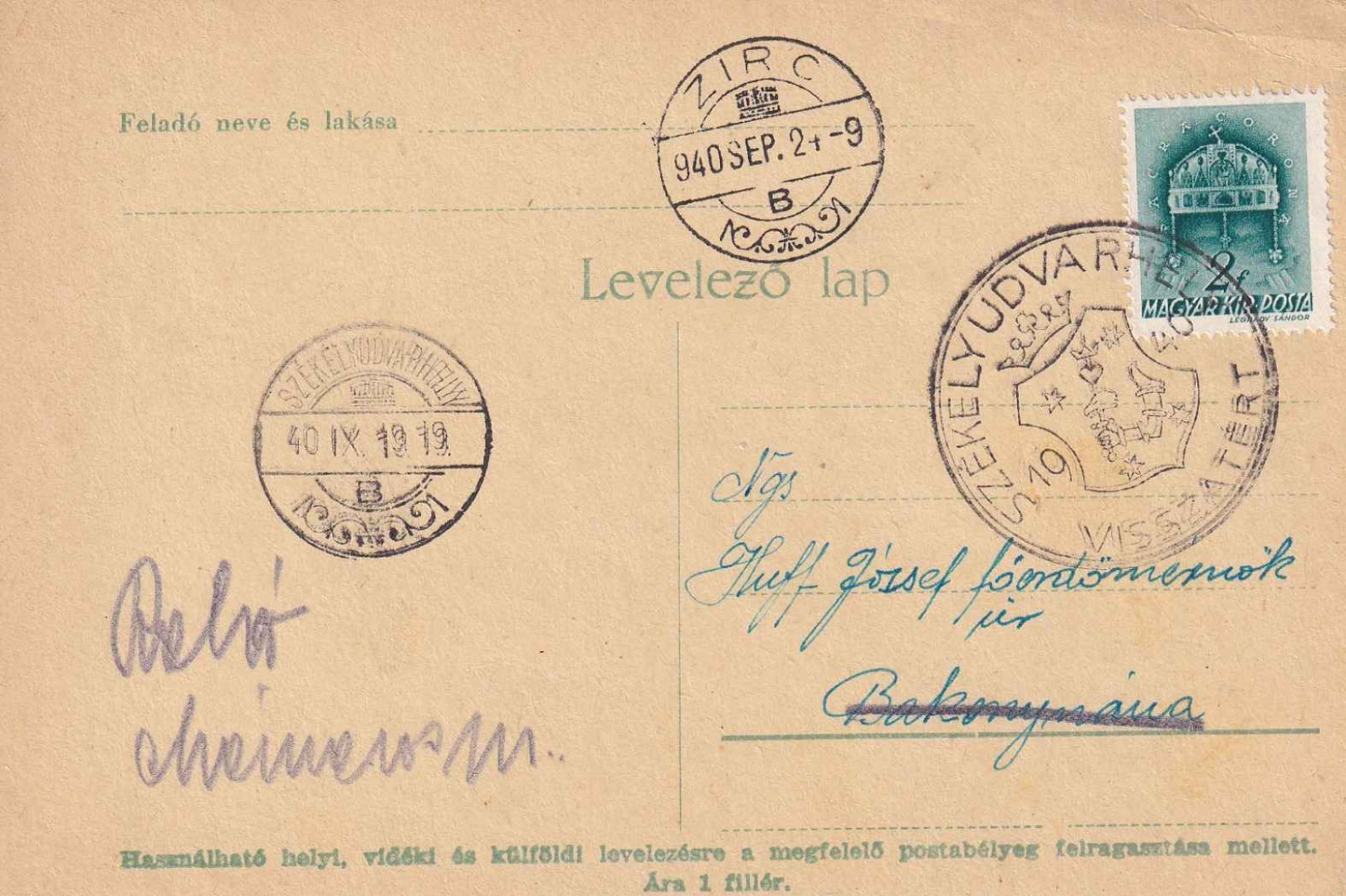 1940. SZÉKELYUDVARHELY Visszatért levelezőlap