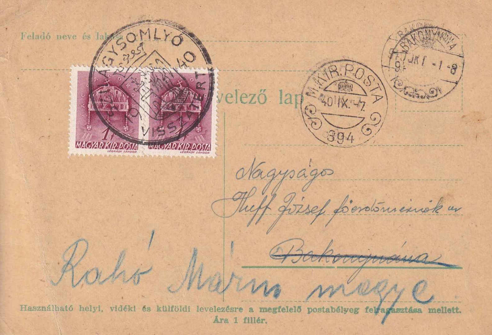 1940. SZILÁGYSOMLYÓ Visszatért levelezőlap