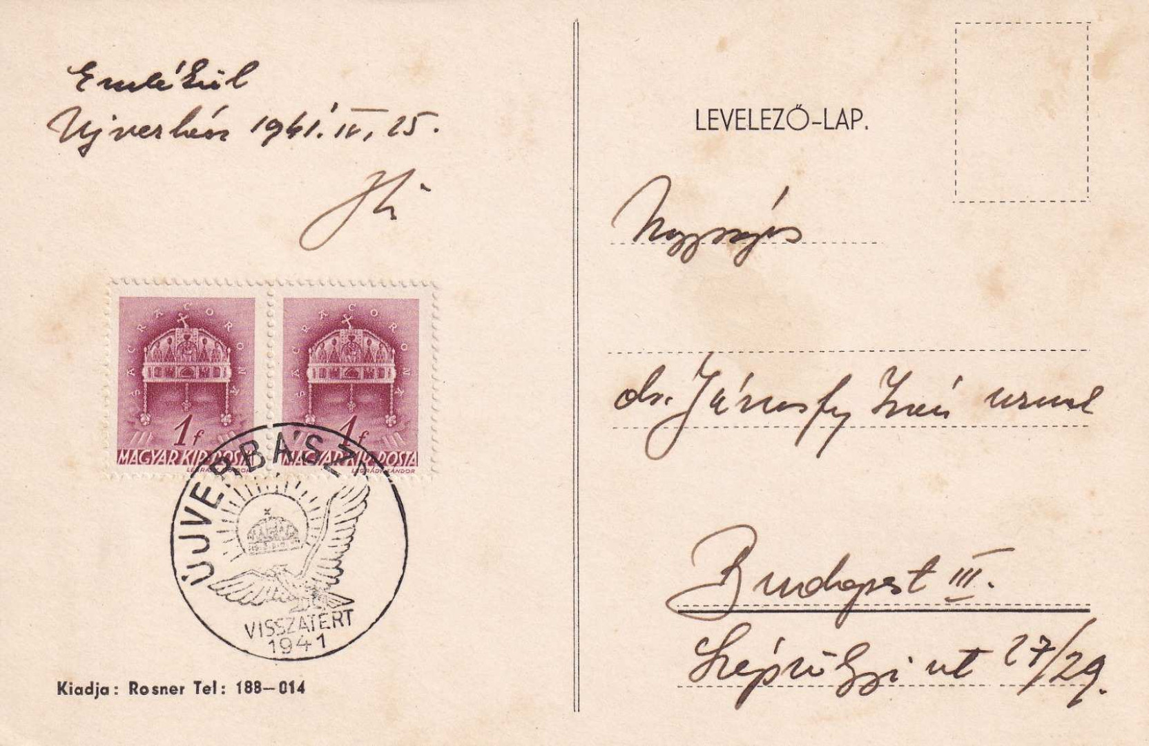 1941. ÚJVERBÁSZ Visszatért levelezőlap