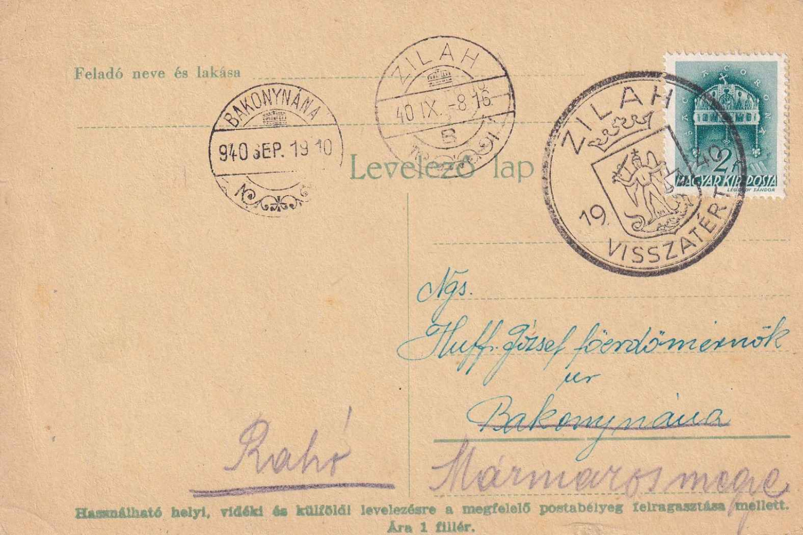 1940. ZILAH Visszatért levelezőlap