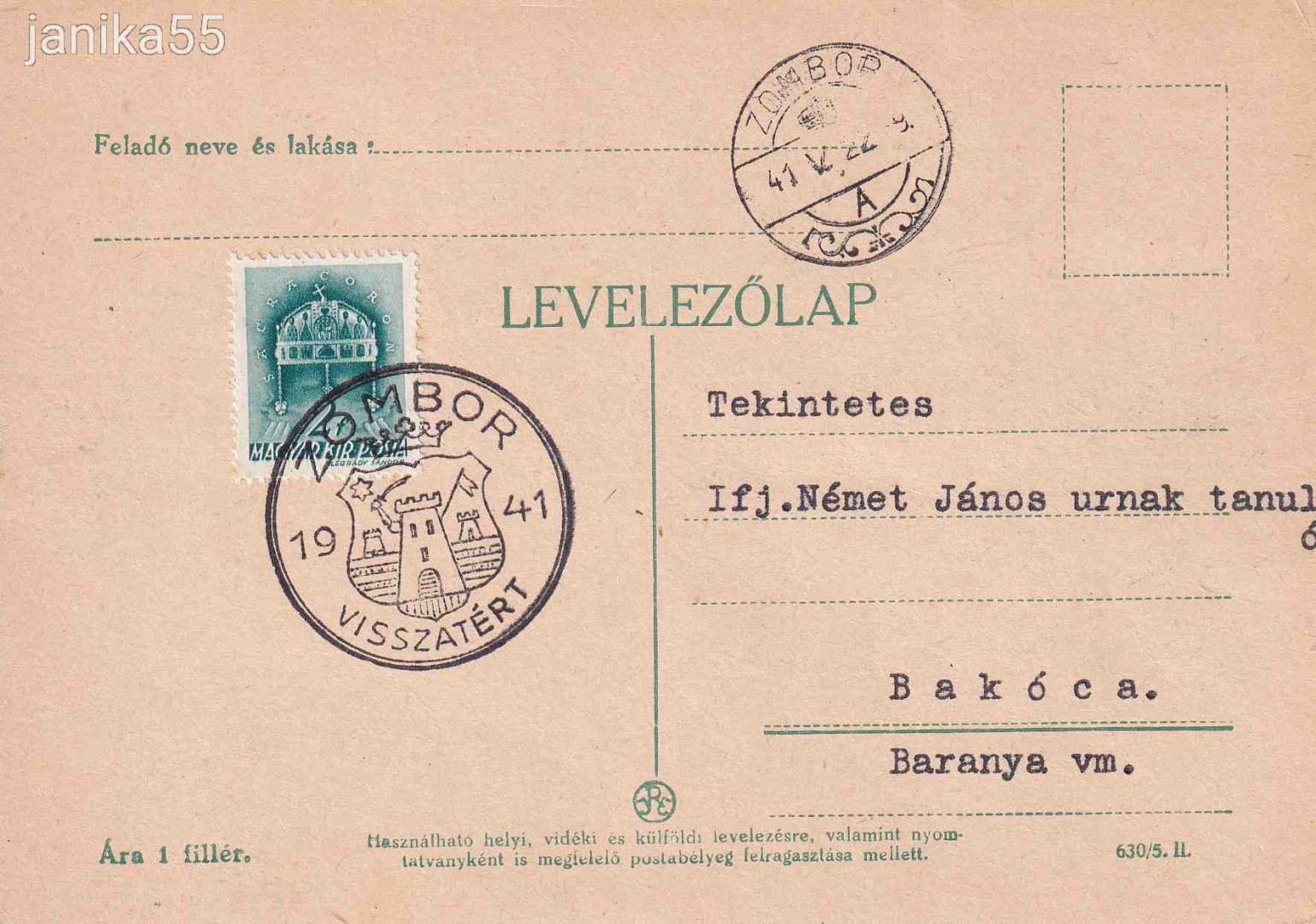 1941. ZOMBOR Visszatért levelezőlap