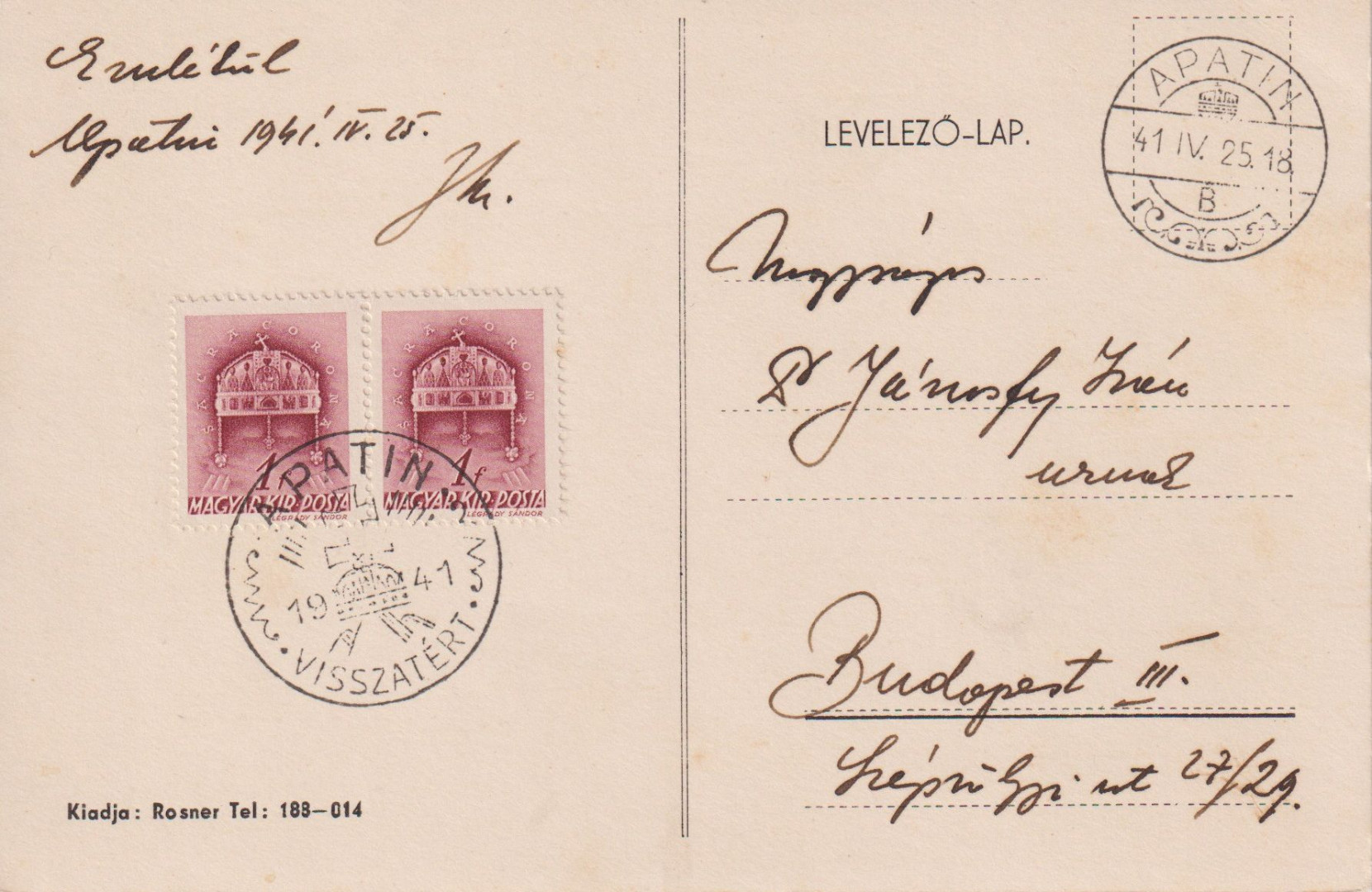 1941. APATIN Visszatért levelezőlap