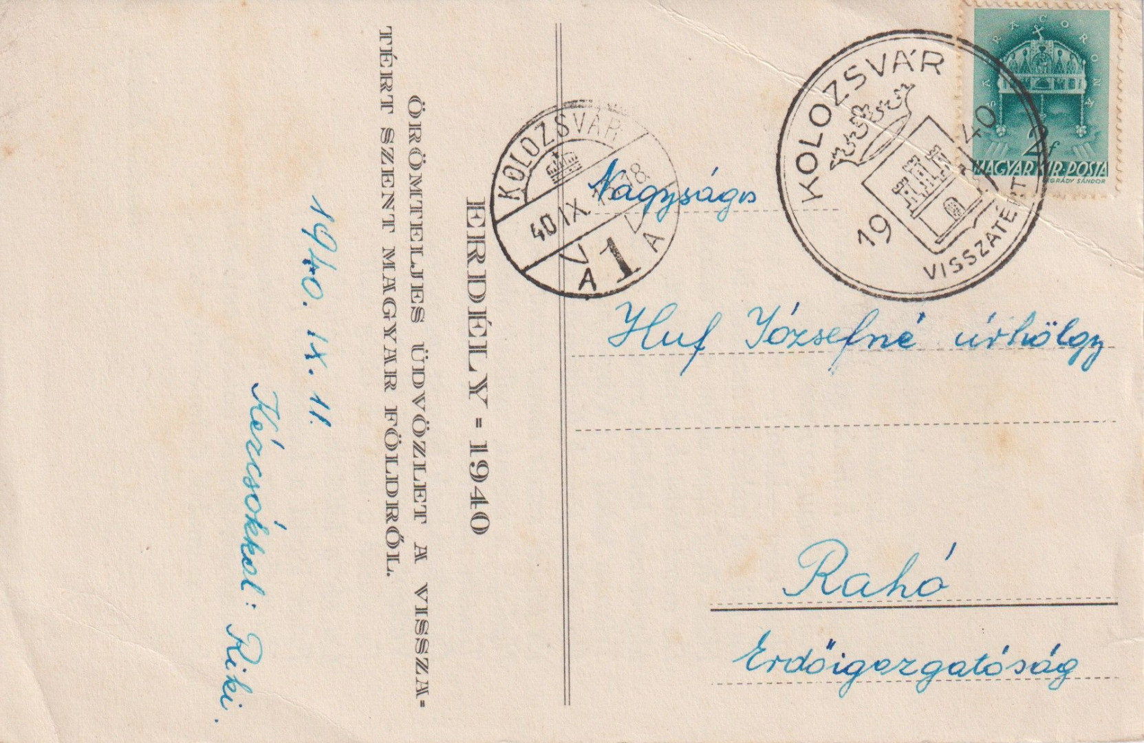 1940. KOLZSVÁR Visszatért levelezőlap