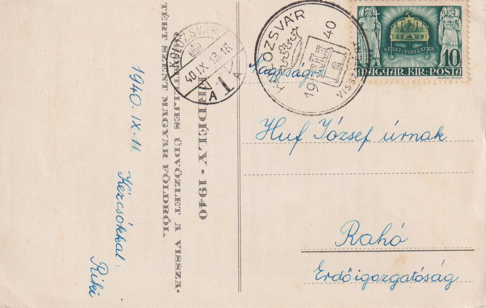 1940. KOLZSVÁR Visszatért levelezőlap