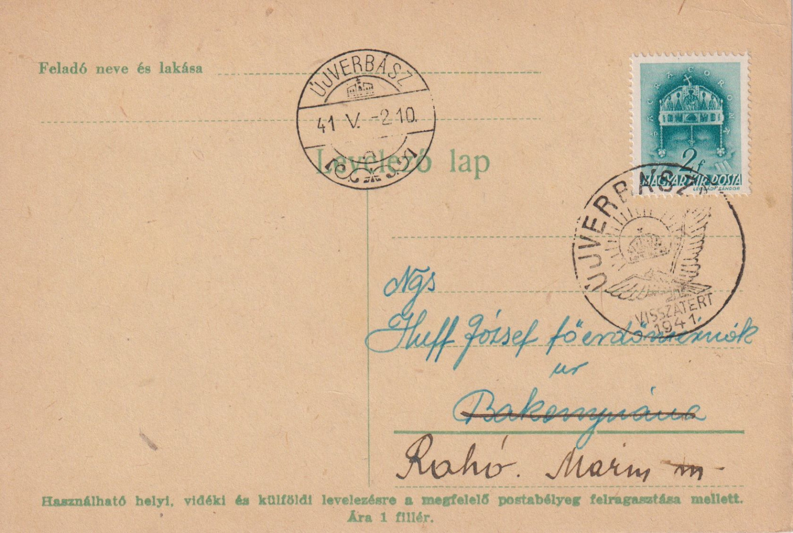 1941. ÚJVERBÁSZ Visszatért levelezőlap