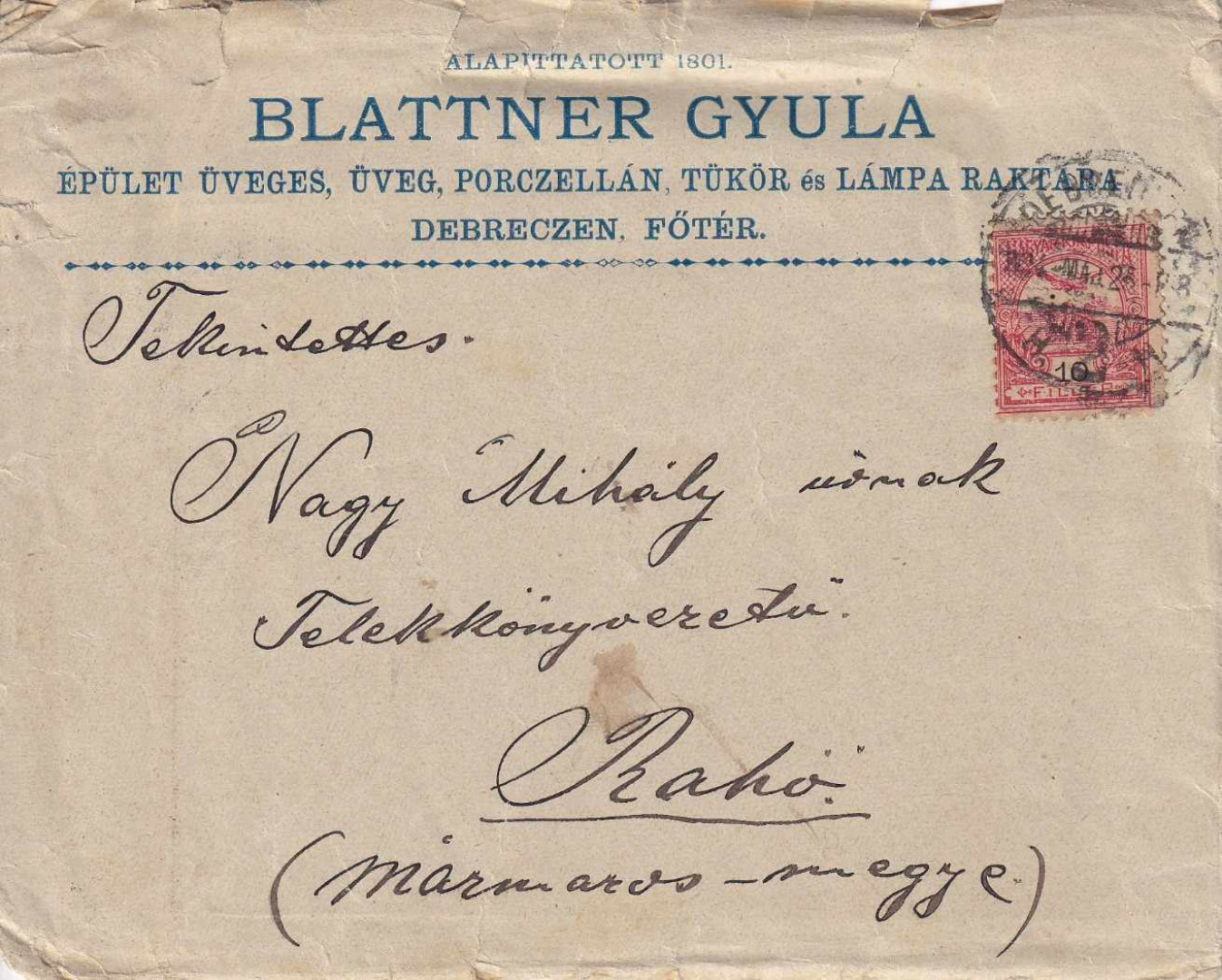 Blattner Gyula Debrecen céges boríték