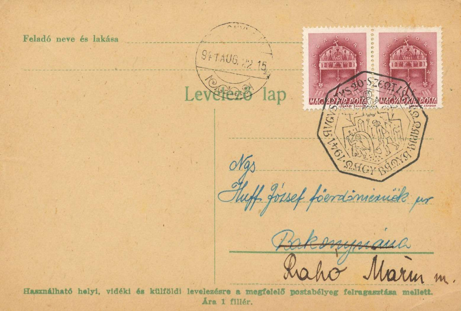 1941.Szt.István napja Nagybánya levelezőlapon