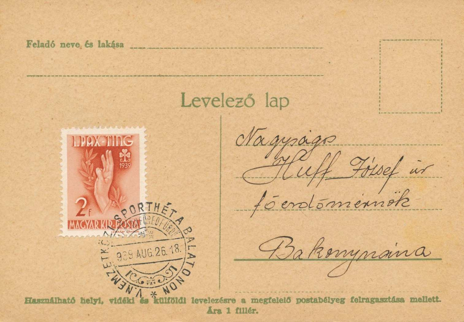 1939. V.Nemzetközi Sporthét a Balatonon levelezőlap