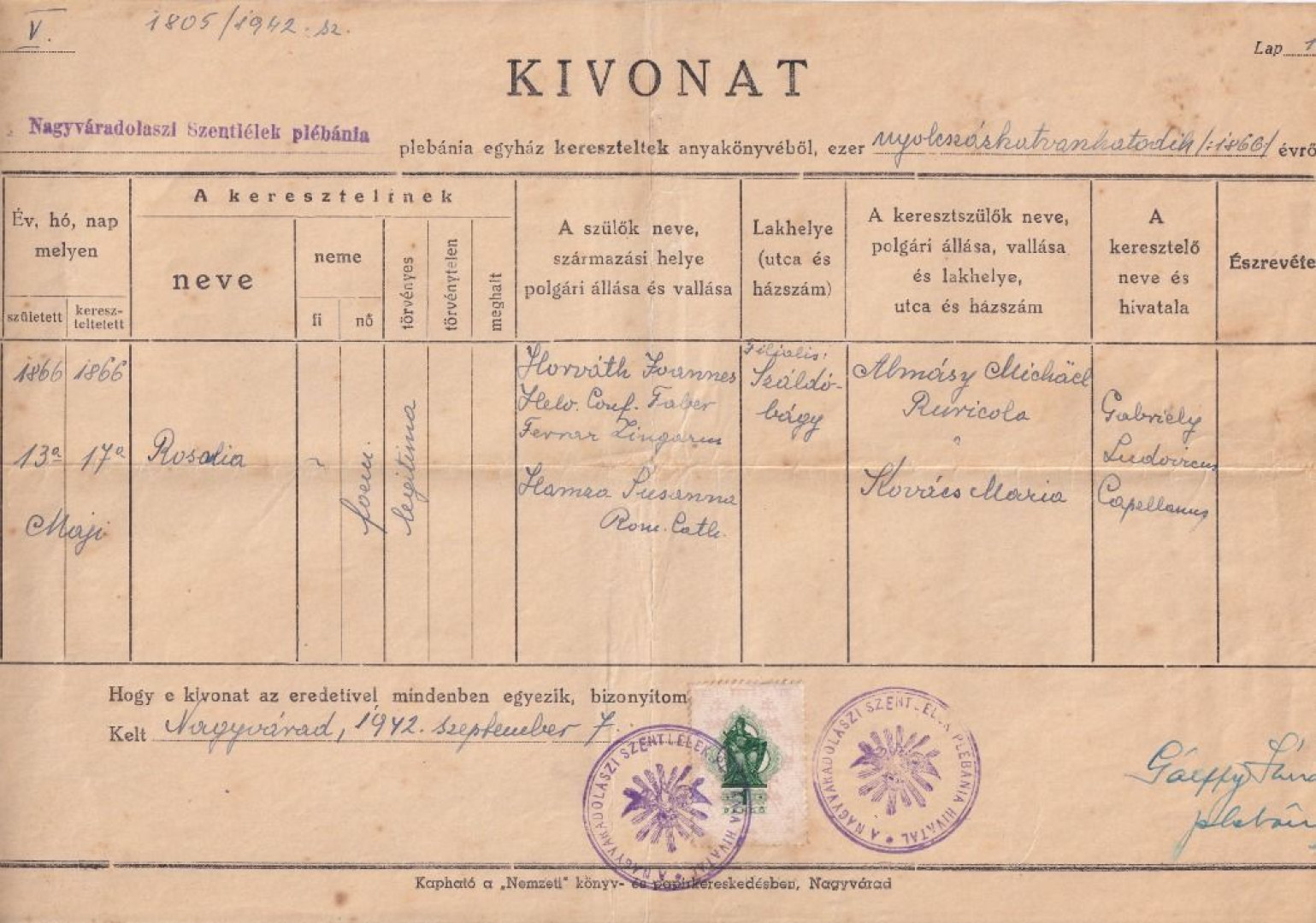 1942. Keresztelési anyakönyvi kivonat