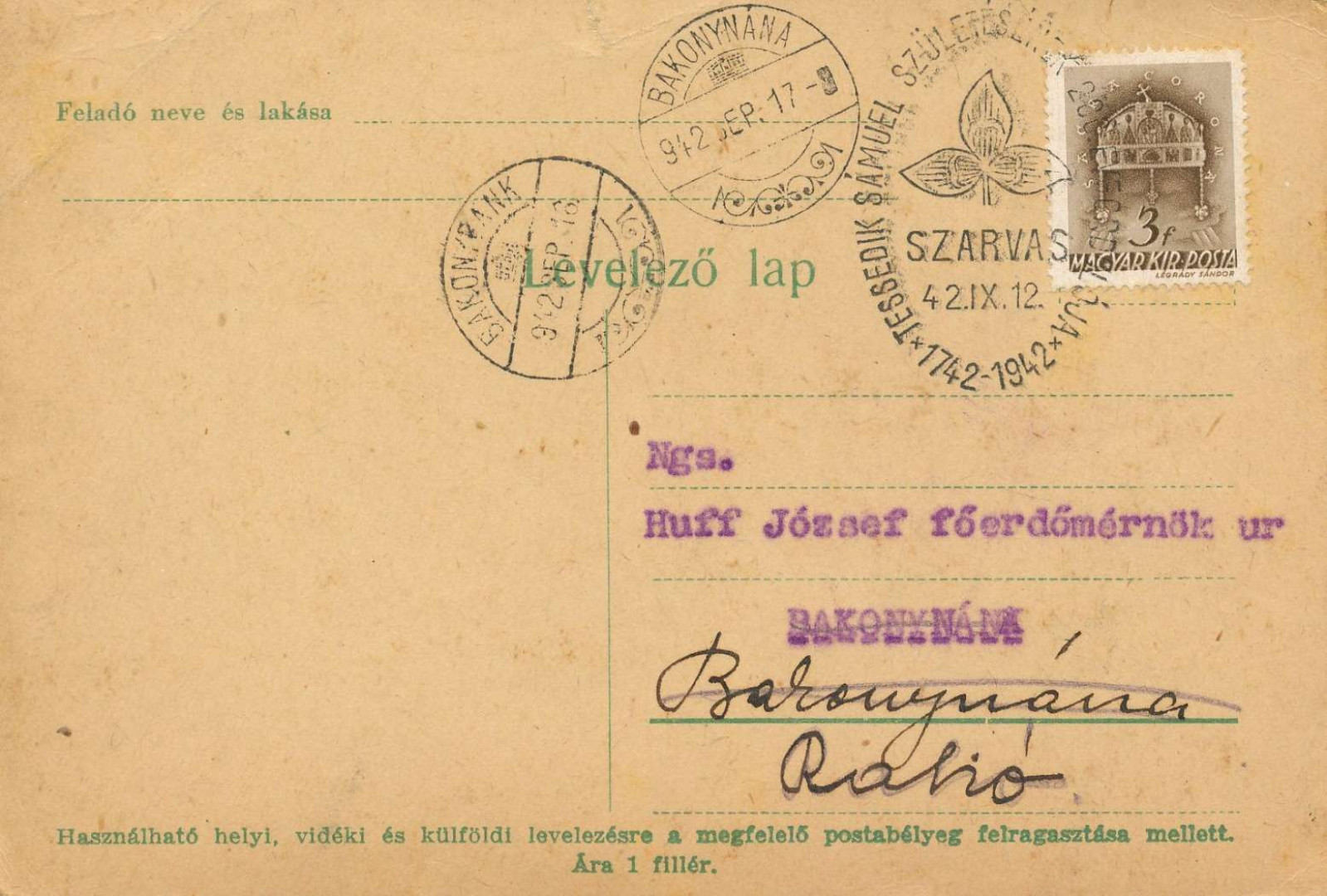 1942. Tessedik Sámuel szül. évford. levelezőlap