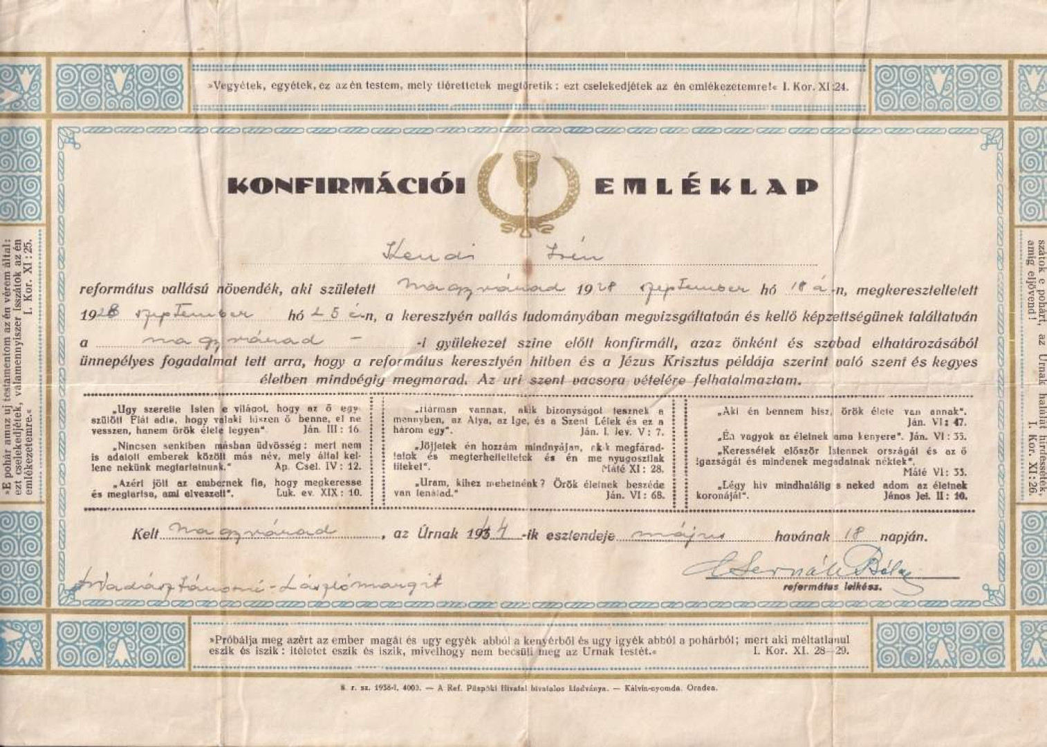 1944. Konfirmációs Emléklap