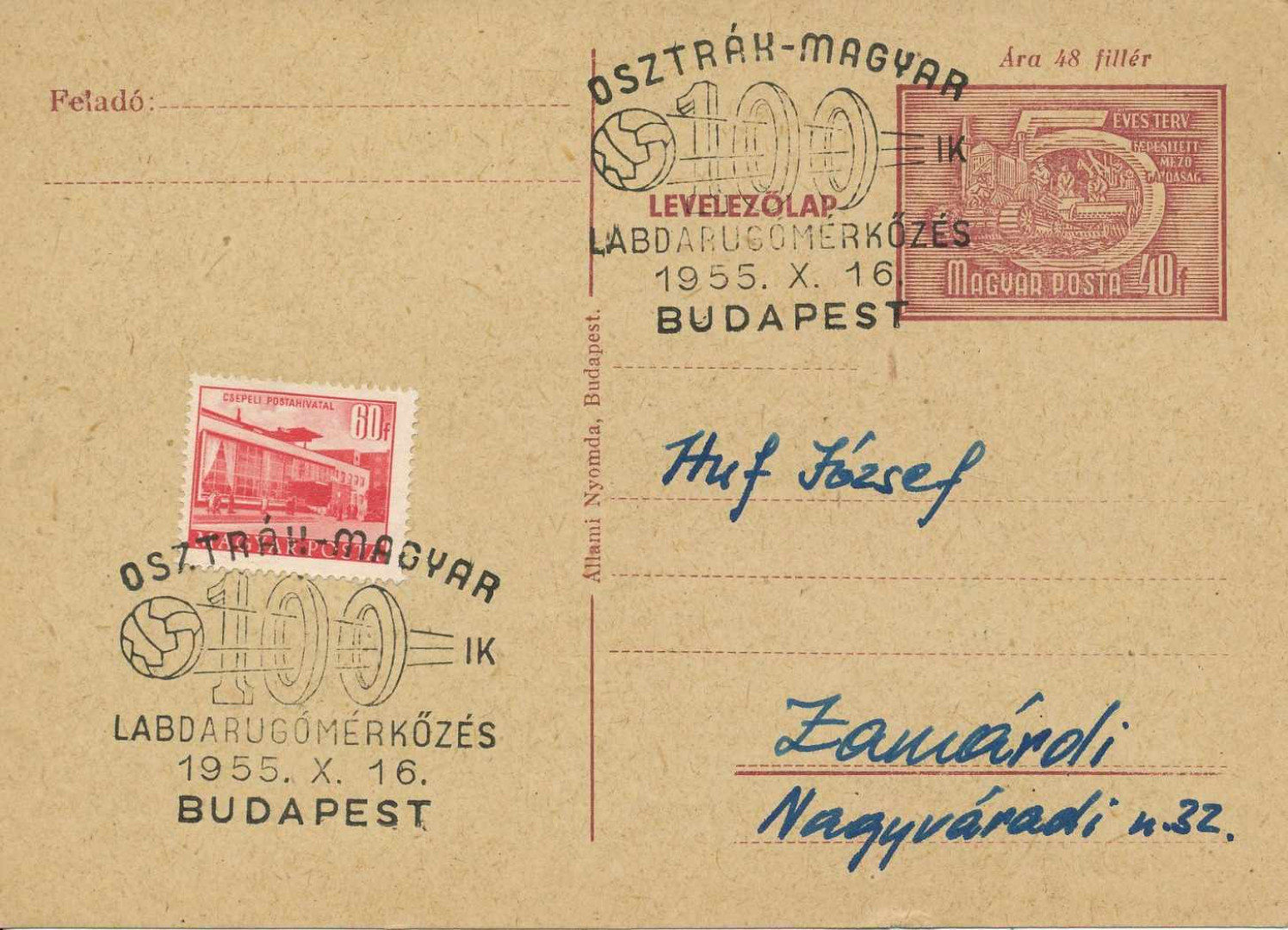 1955. Osztrák-Magyar 100. labdarúgó mérközés levlap.