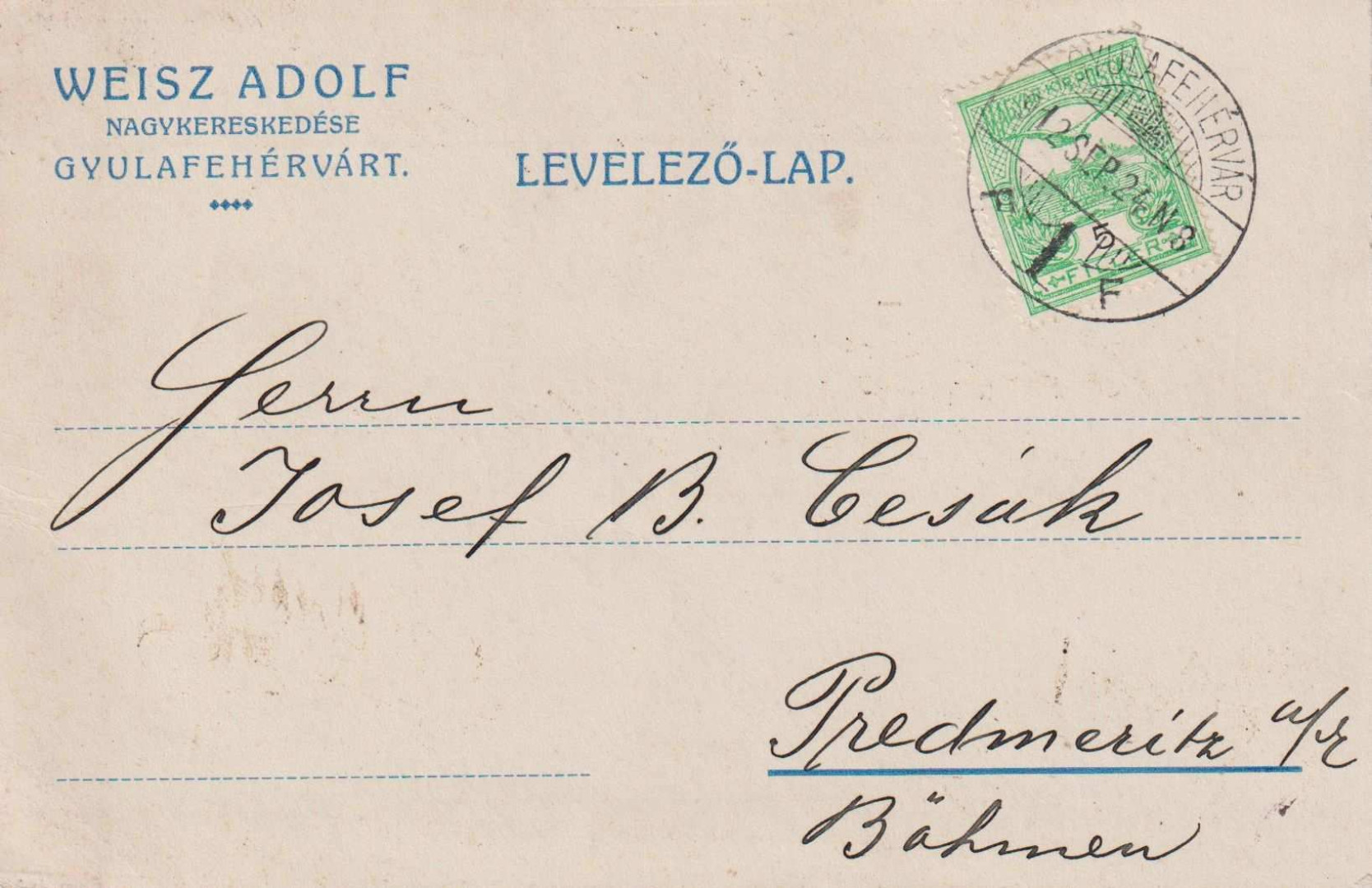1912. Weisz Adolf céges levelező-lap