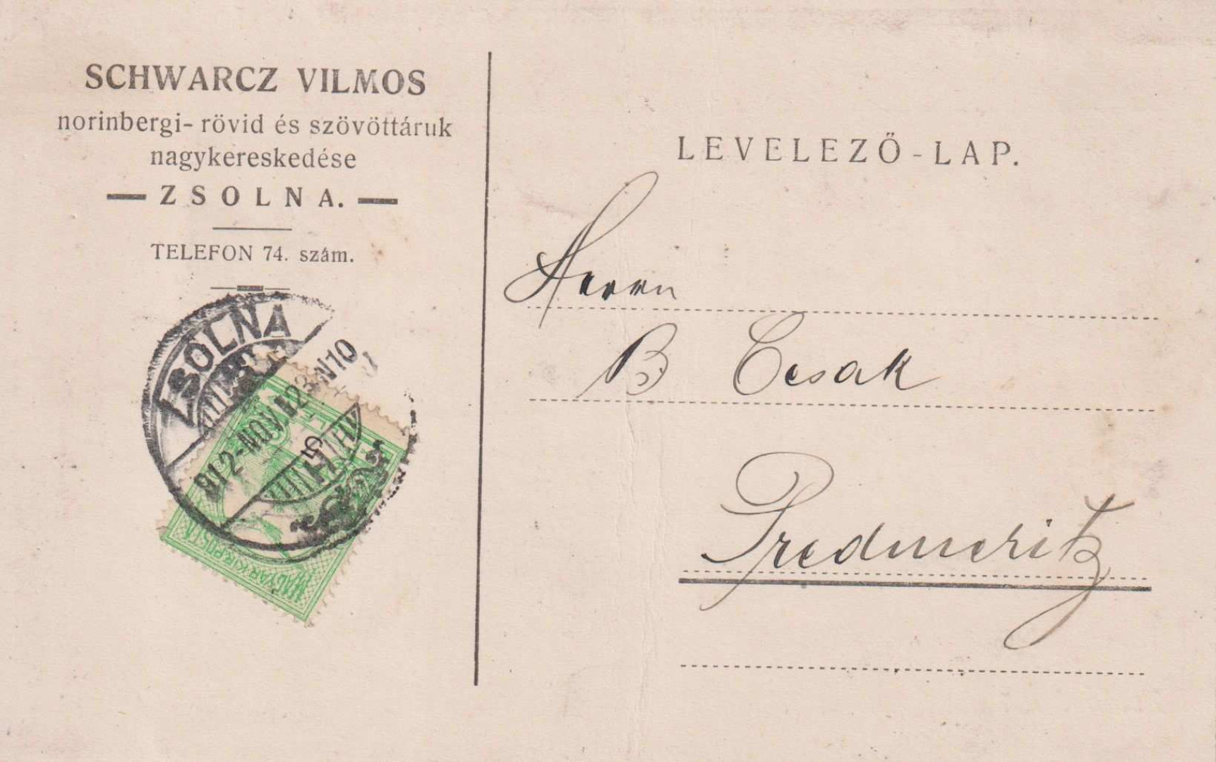 1912. Schwarcz Vilmos céges levelező-lap