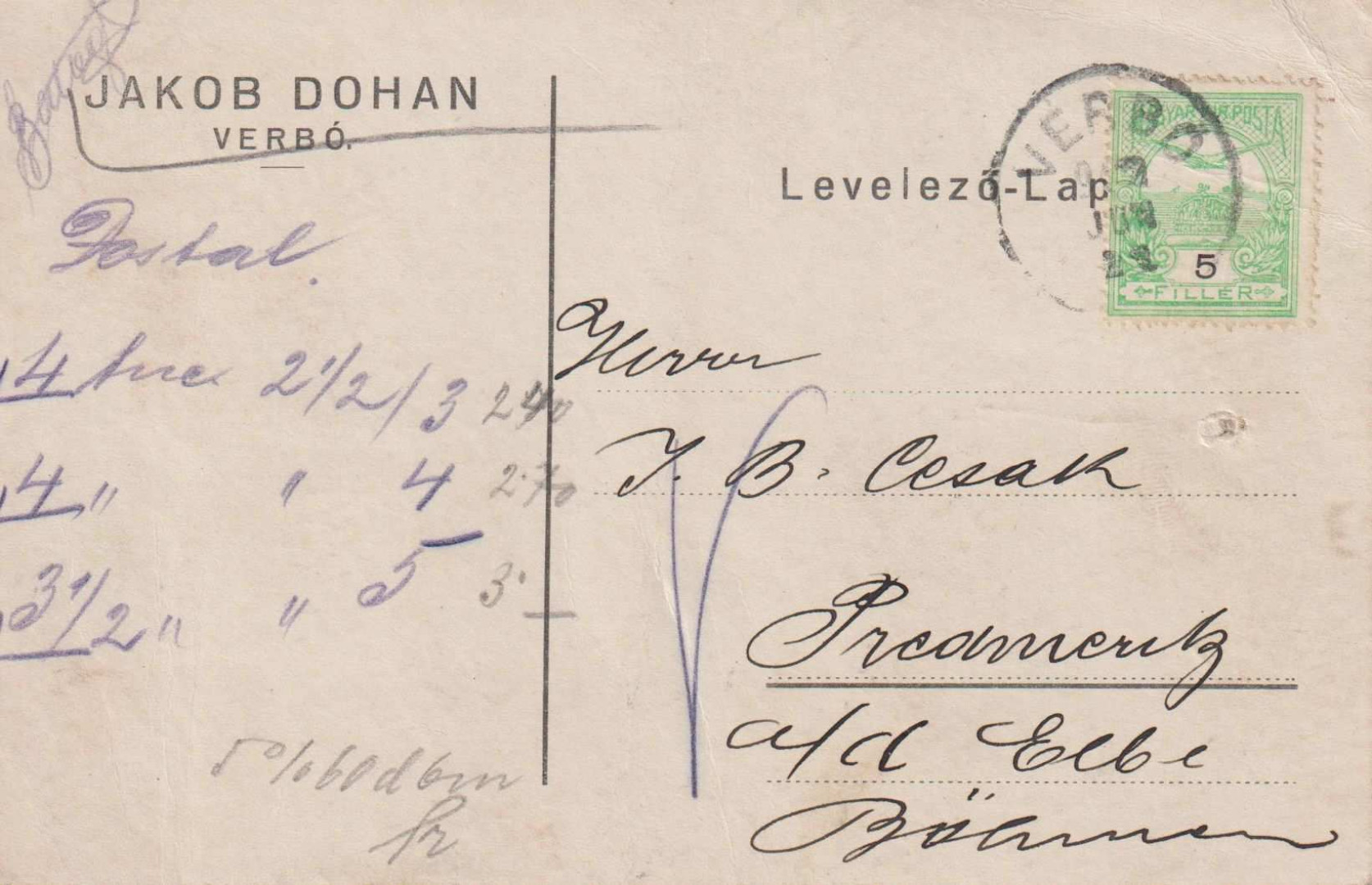 1912. Jakob Dohan Verbó céges levelező-lap