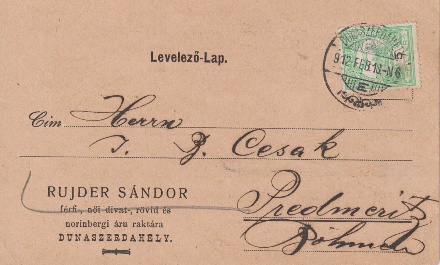 1912. Rujder Sándor Dunaszerdahely céges levelező-lap