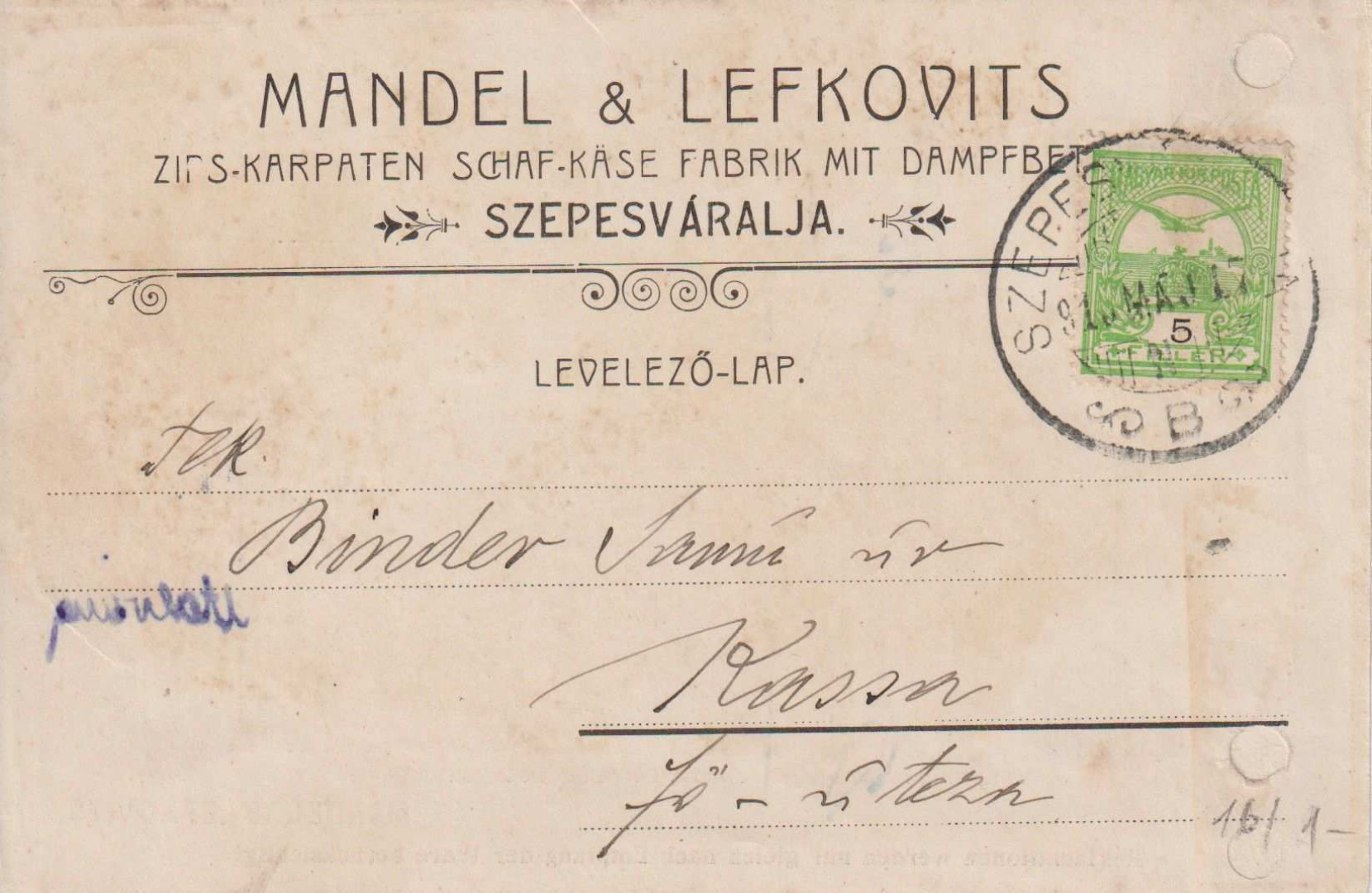 1915. Mandel & Lefkovics céges levelező-lap