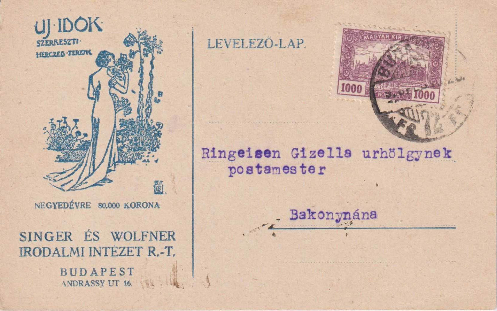 1926. Singer és Wolfner Irodalmi Intézet Rt. Levelező-lap