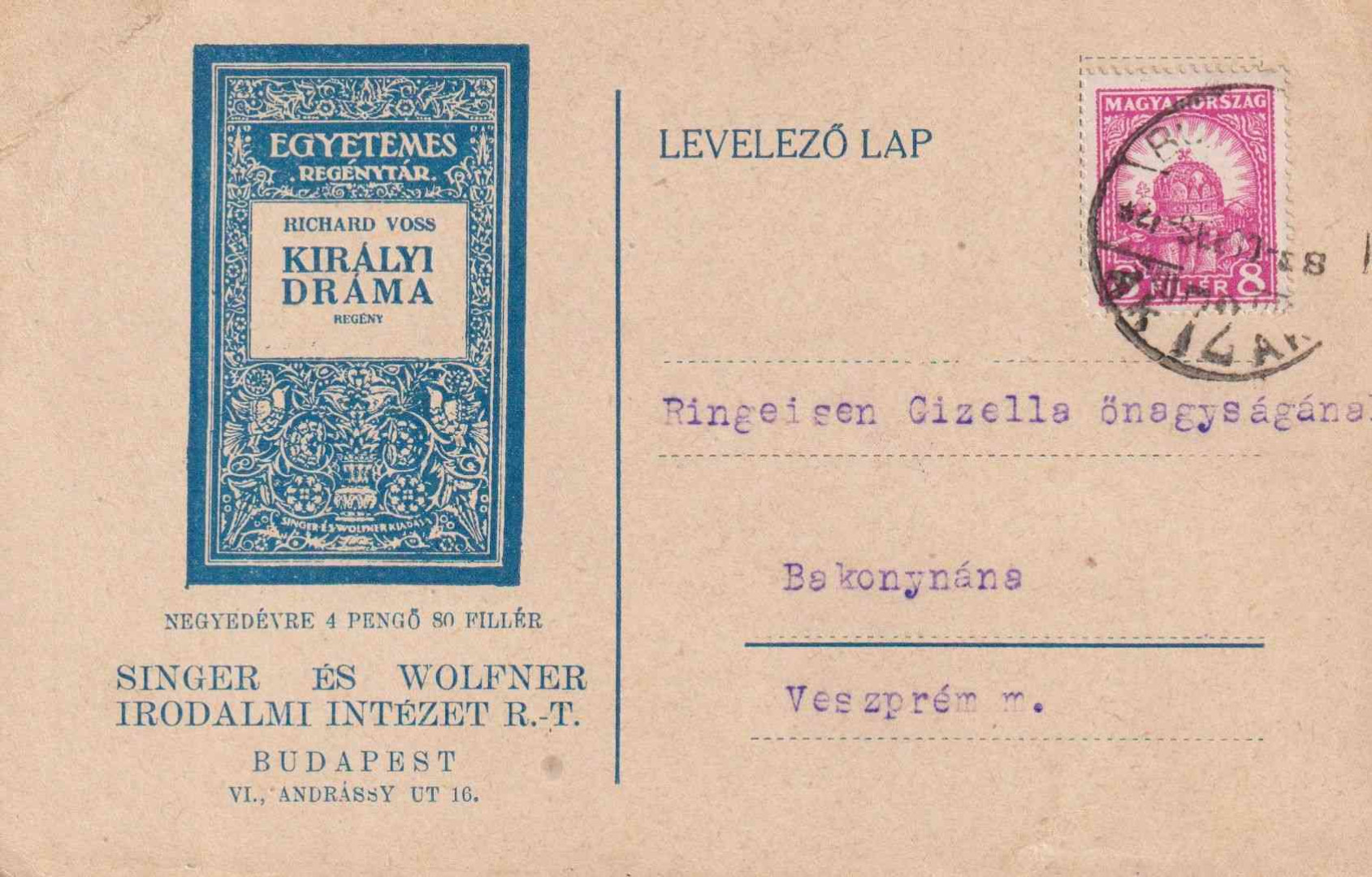 1927. Singer és Wolfner Irodalmi Intézet Rt. Levelező-lap
