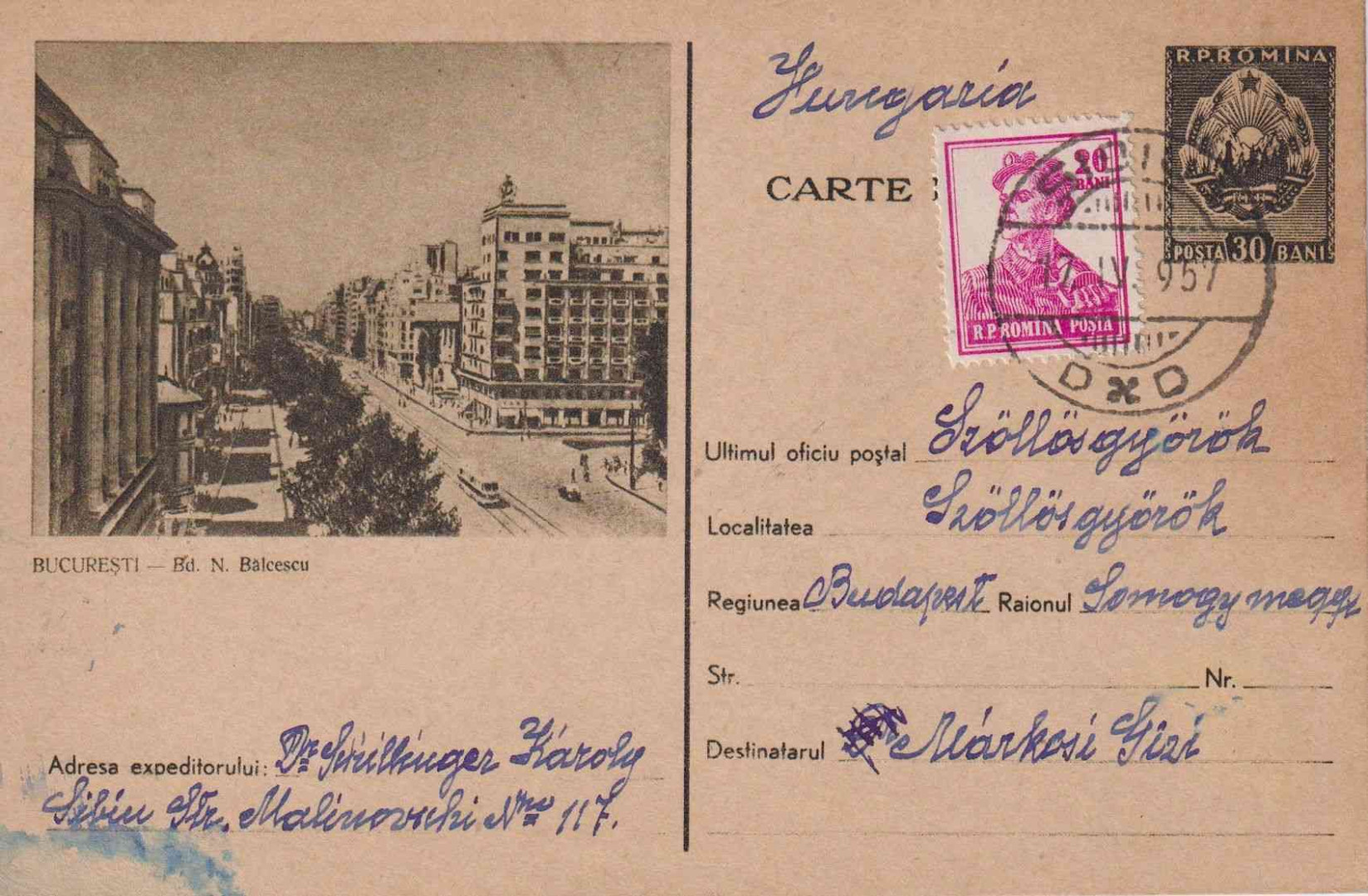 1957. Bukarest levelező-lap