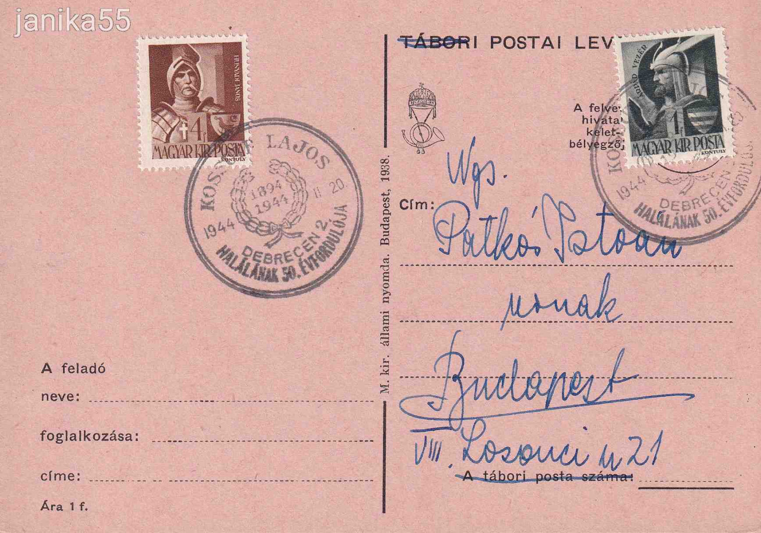 1944. Kossuth Lajos halálának 50. évford. Futott boríték