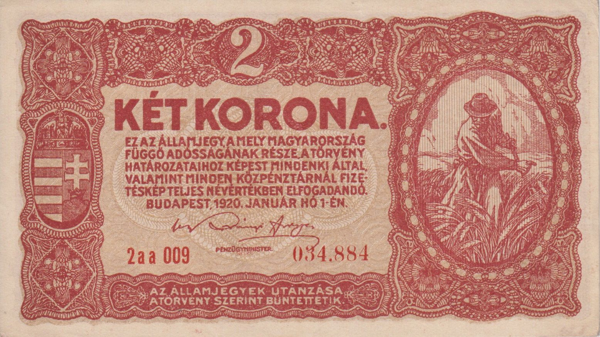2 Korona 1920. (2aa 009) Budapest Globus nyomda