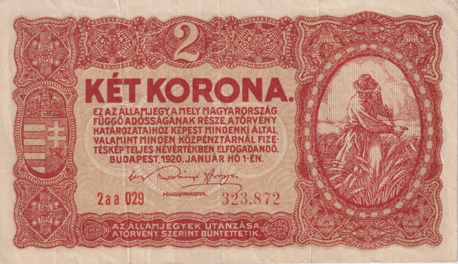 2 Korona 1920. (2aa 029) Budapest Globus nyomda