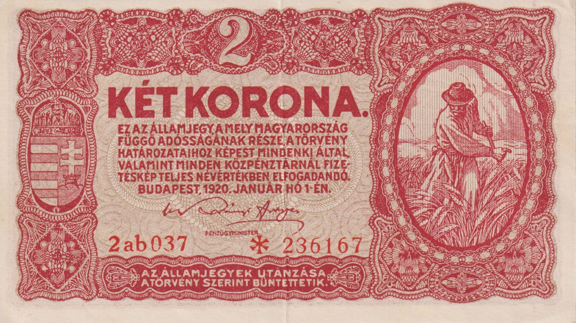 2 Korona 1920. (2ab 037) Bécsi nyomda