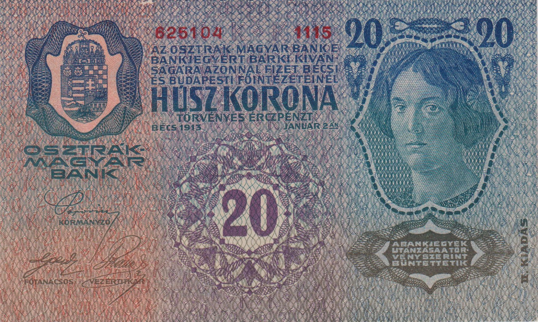 20 Korona 1913. II. kiadás Oszrák felülbélyegzés (1115)