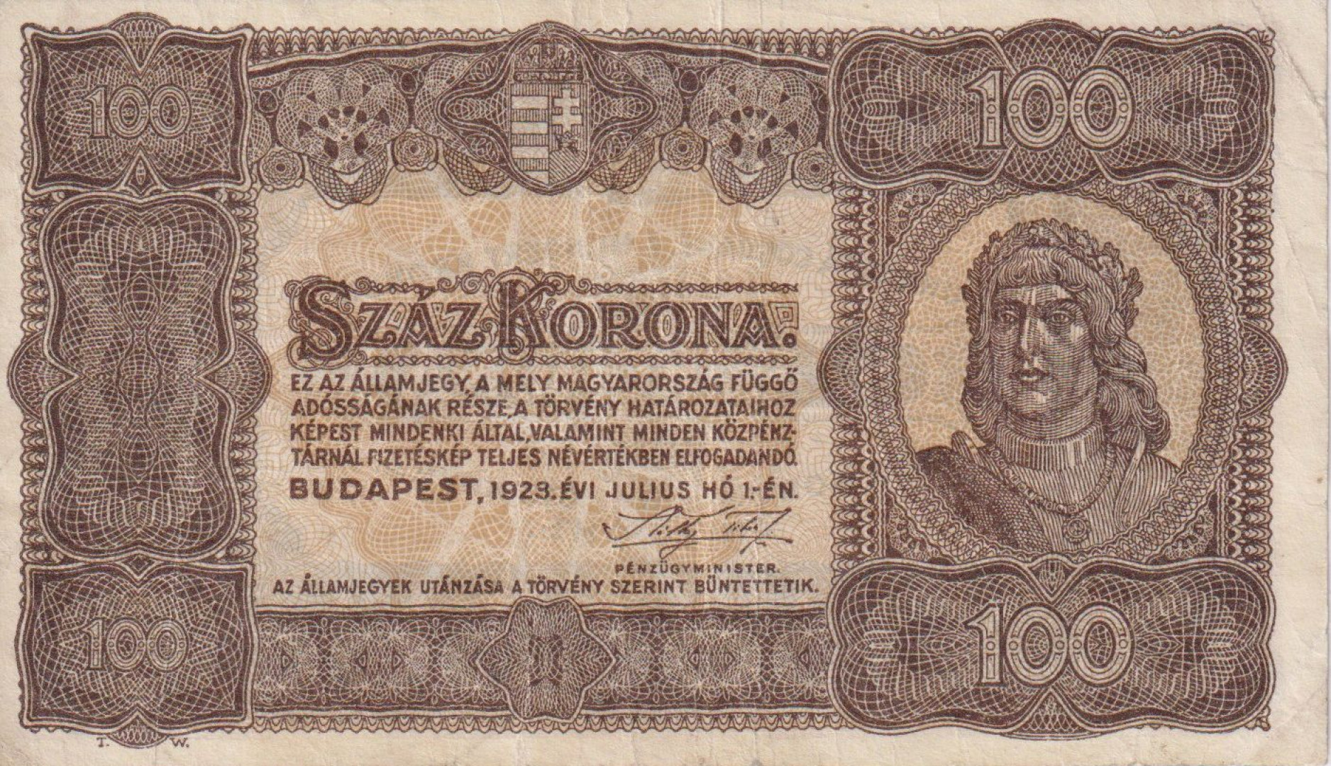 100 Korona 1923. Nyomdahely megjejölése nélkül