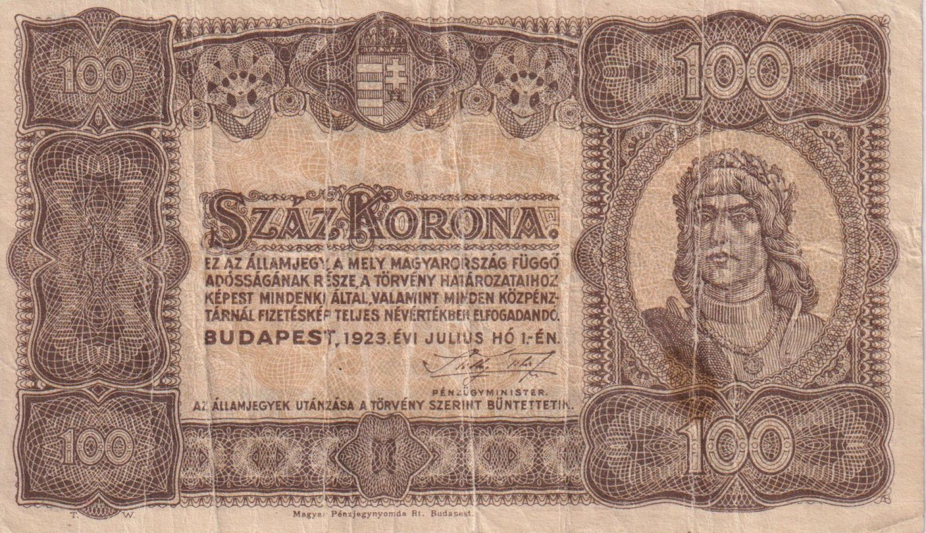 100 Korona 1923. Magyar Pénzjegynyomda Rt. Jelöléssel