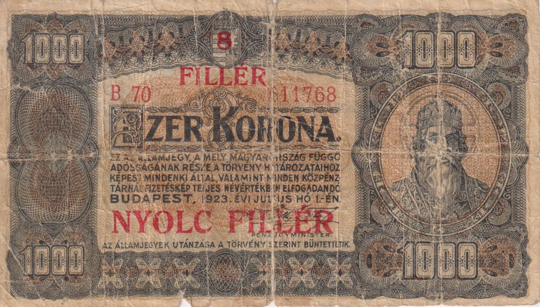 1000 Korona /8 Fillér 1923. ( B 70 ) Nyomdahely megjelölése nélkül