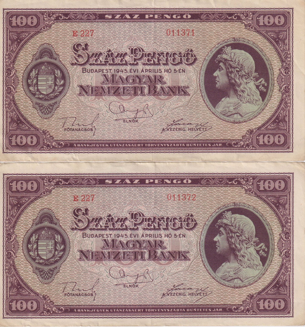 100 Pengő 1945. ( E 227 ) sorszámkövető 2 db