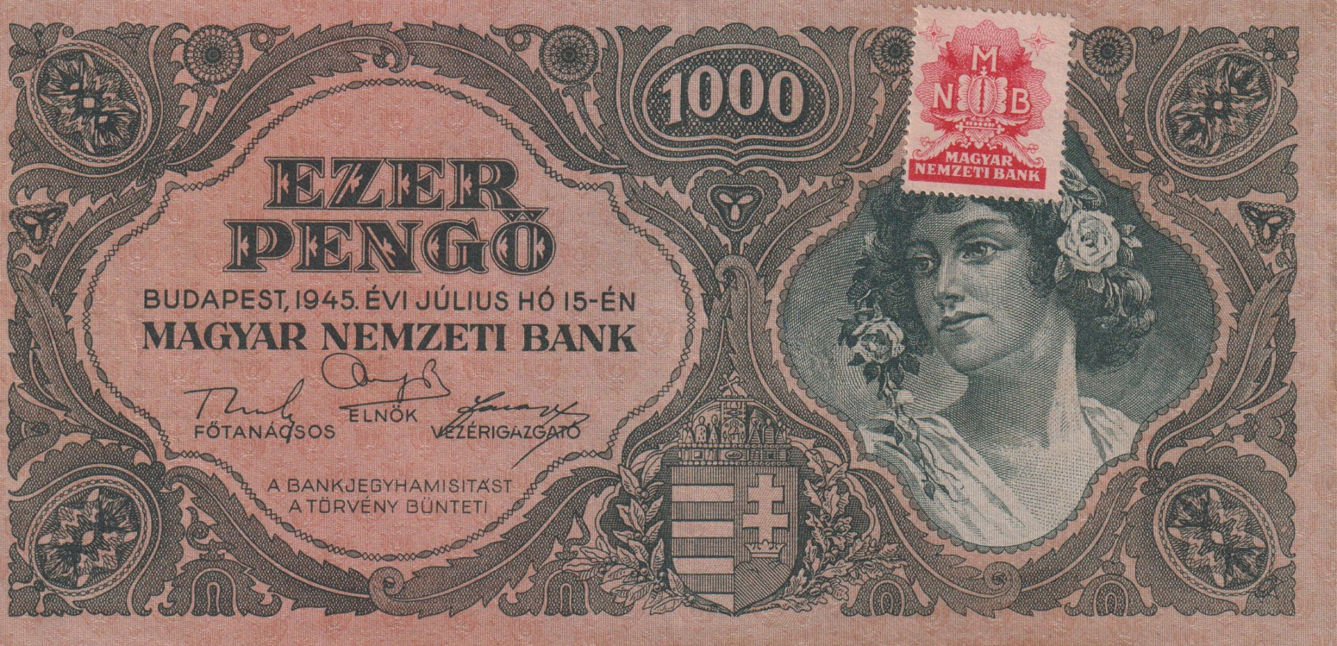 1000 Pengő 1945. ( F 490 ) MNB. Bélyeggel