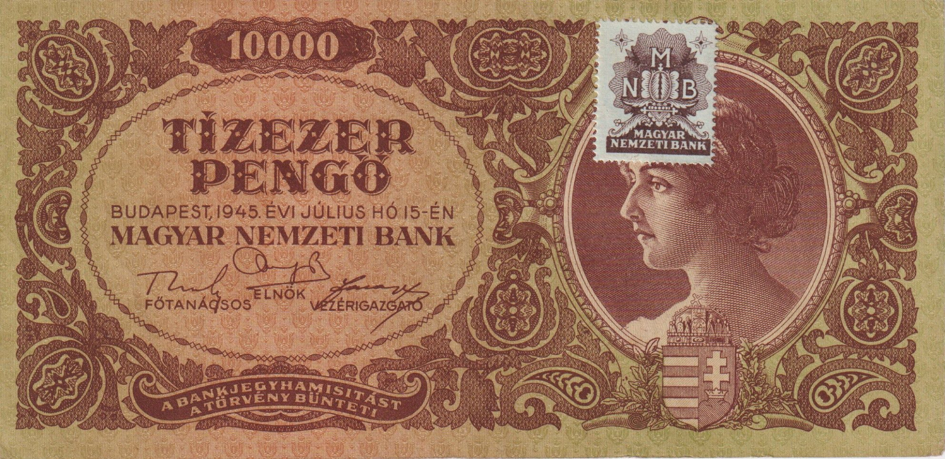 10.000 Pengő 1945. ( L 855 ) MNB. Bélyeggel