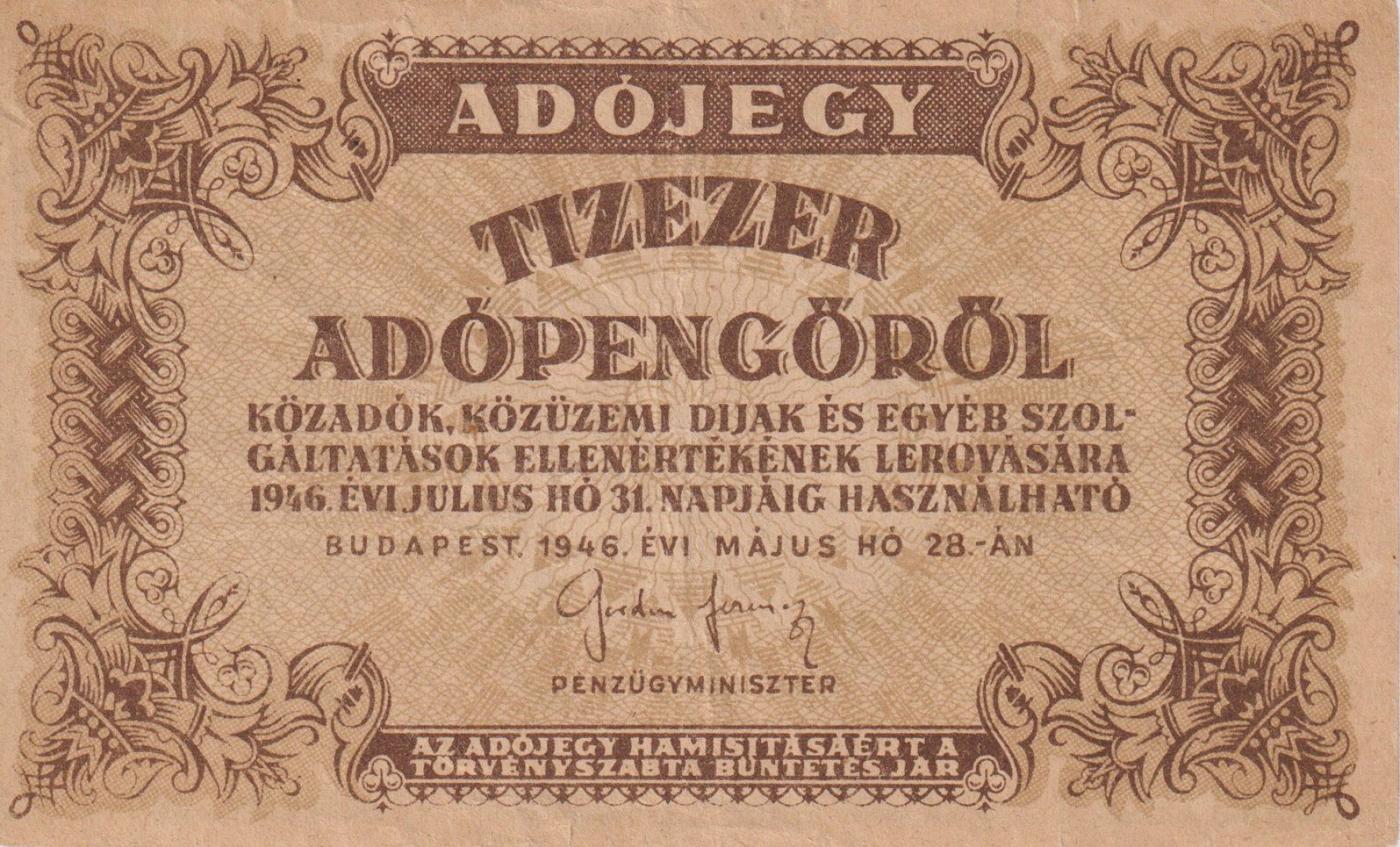 Adójegy 10.000 Adópengőről 1946. vízjeles papíron