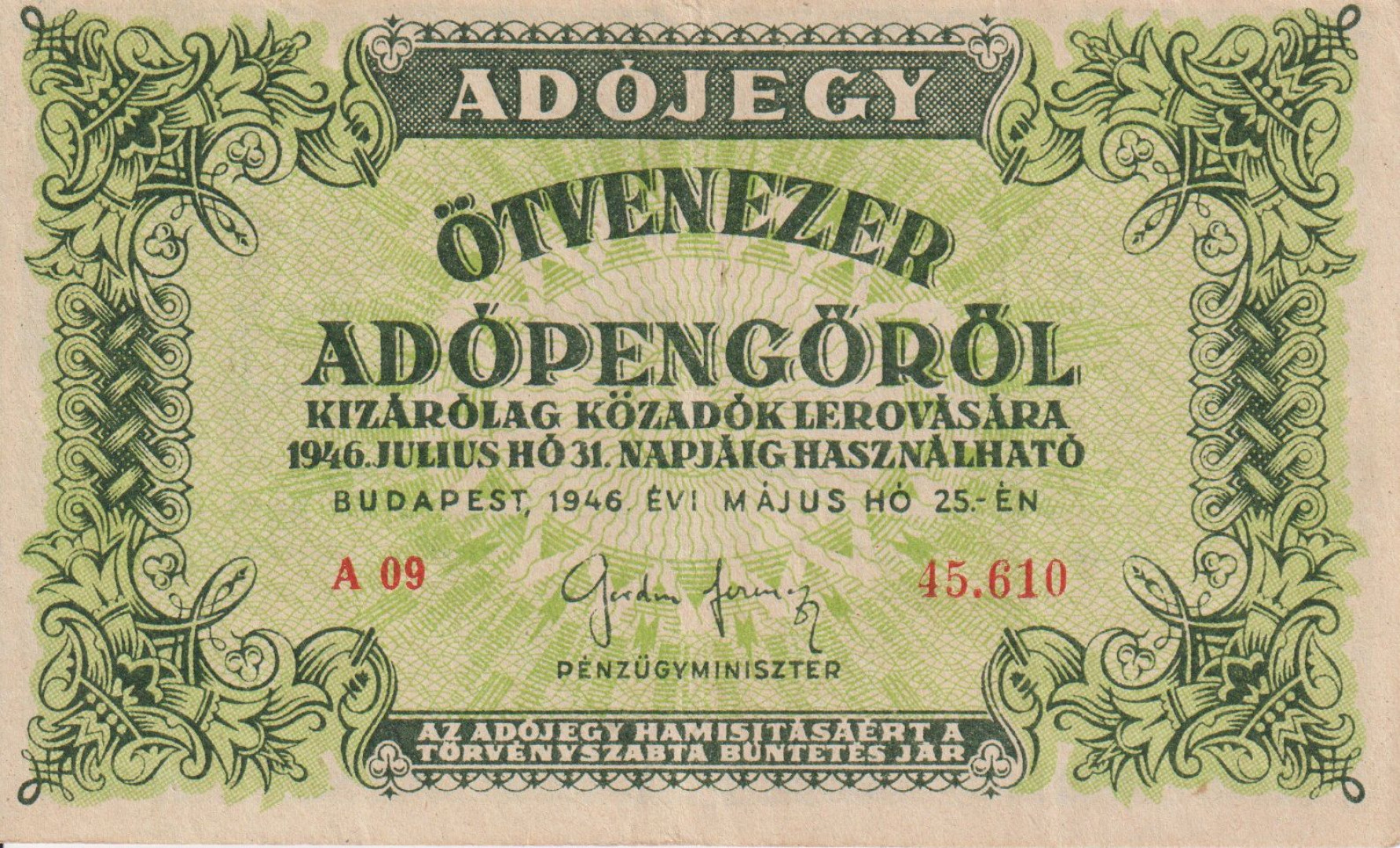 Adójegy 50.000 Adópengőről 1946. ( A 09 )
