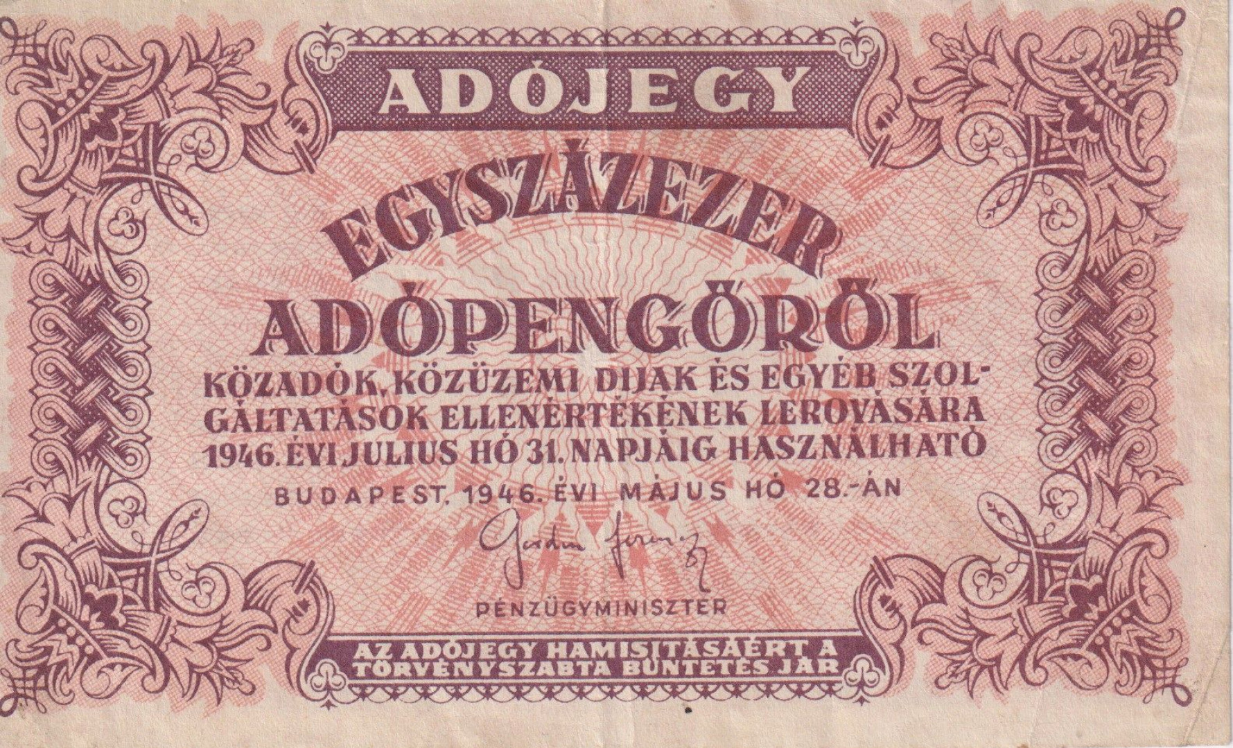 Adójegy 100.000 Adópengőről 1946.