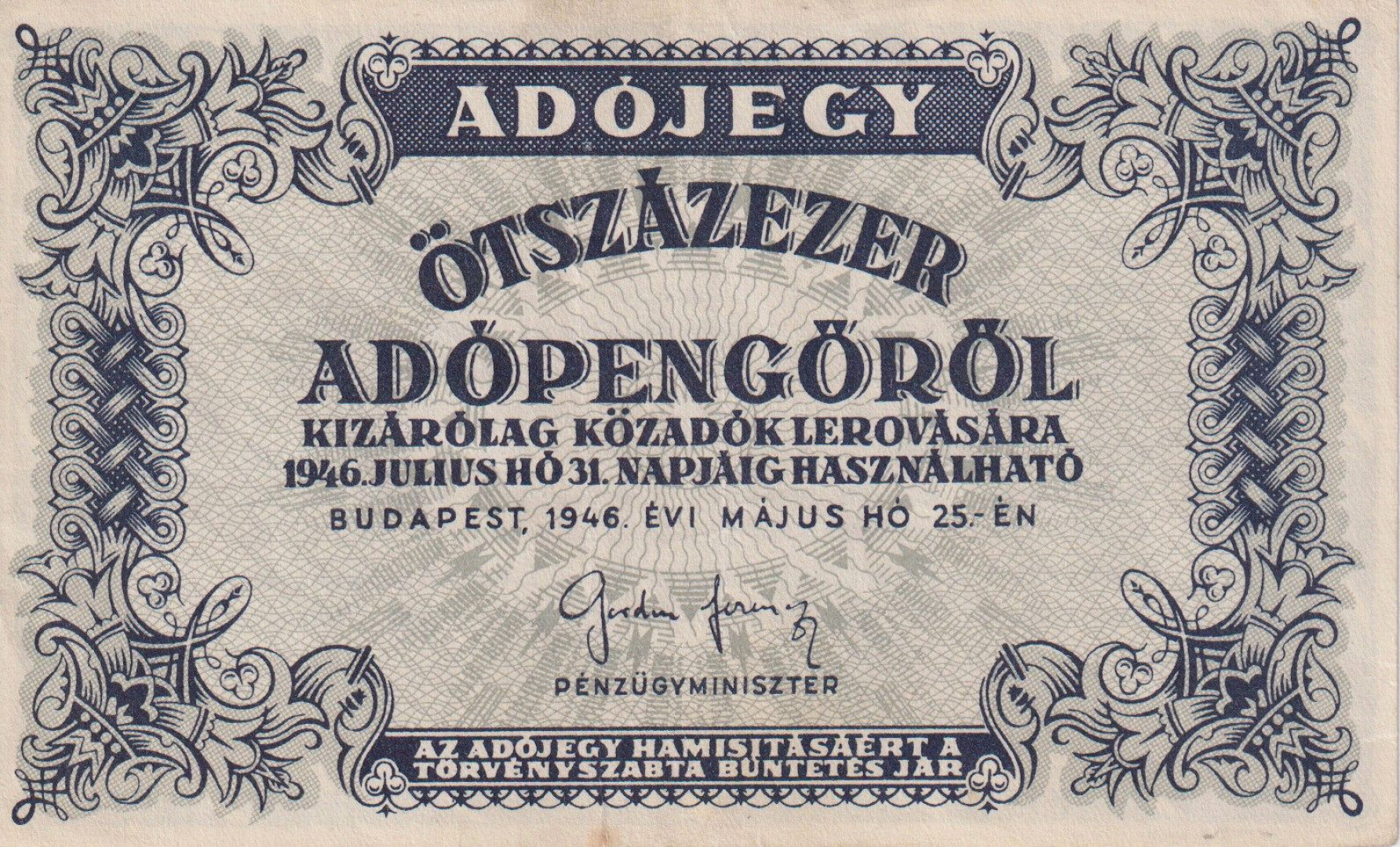 Adójegy 500.000 Adópengőről 1946.