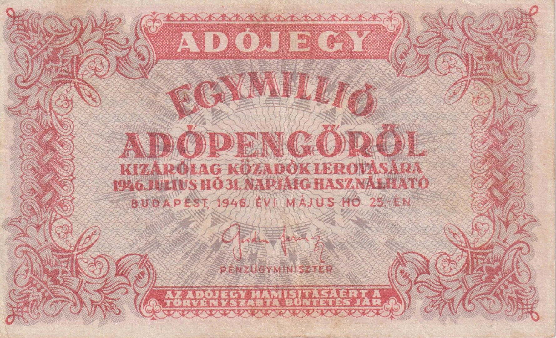 Adójegy 1.000.000 Adópengőről 1946.