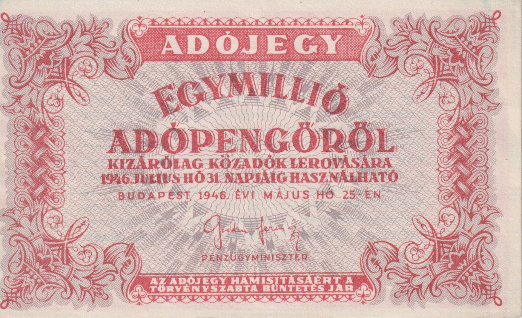 Adójegy 1.000.000 Adópengőről 1946.
